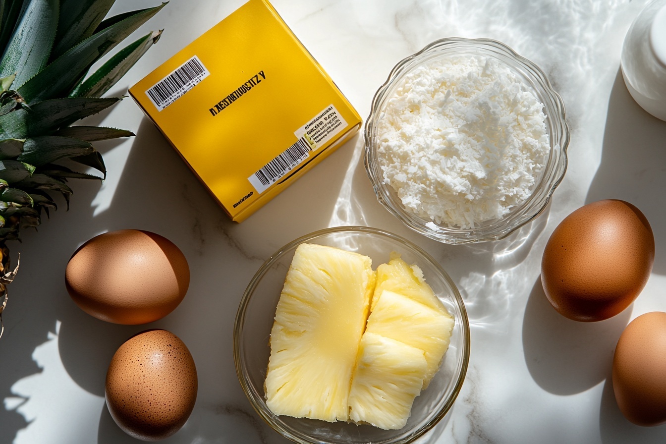 Single white plate holding a close-up slice of layered pineapple coconut cake, showing moist yellow sponge layers filled with creamy coconut-pineapple frosting, topped with smooth white icing, fresh pineapple chunks, toasted coconut flakes, and a dusting of powdered sugar, with some pineapple pieces and coconut flakes scattered around the plate, angled to highlight the rich texture and layers of the cake, placed on white marble surface, natural lighting, styled individual serving from a food blog, photo taken with an iphone --ar 4:5 --v 7