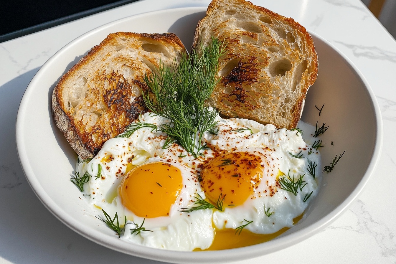 Turkish Eggs (Çılbır) for Breakfast Recipe 6 A large white shallow bowl filled with multiple poached eggs nestled in a creamy yogurt sauce generously drizzled with vibrant red-orange spiced oil, garnished with fresh sprigs of dill, accompanied by several slices of rustic artisanal sourdough bread arranged elegantly on the side. The entire dish is captured from a 3/4 angle on a pristine white marble countertop, illuminated by soft natural sunlight streaming through nearby windows, styled to emphasize freshness and rustic charm. REALISTIC STYLE IMAGE| TAGS: High-end food photography, clean composition, dramatic lighting, luxurious, elegant, mouth-watering, indulgent, gourmet | CAMERA: Nikon Z7 | FOCAL LENGTH: 50mm | SHOT TYPE: Close-up | COMPOSITION: 3/4 angle | LIGHTING: Soft directional light | PRODUCTION: Food Stylist | TIME: Daytime I LOCATION TYPE: Kitchen near windows --stylize 150 --ar 3:2