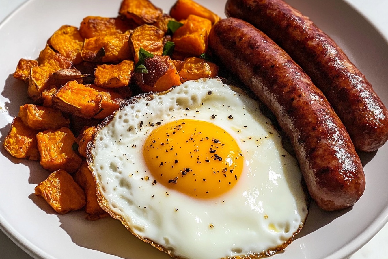 Eggs, Roasted Sweet Potatoes, and Chicken Sausage Breakfast Bowl Recipe