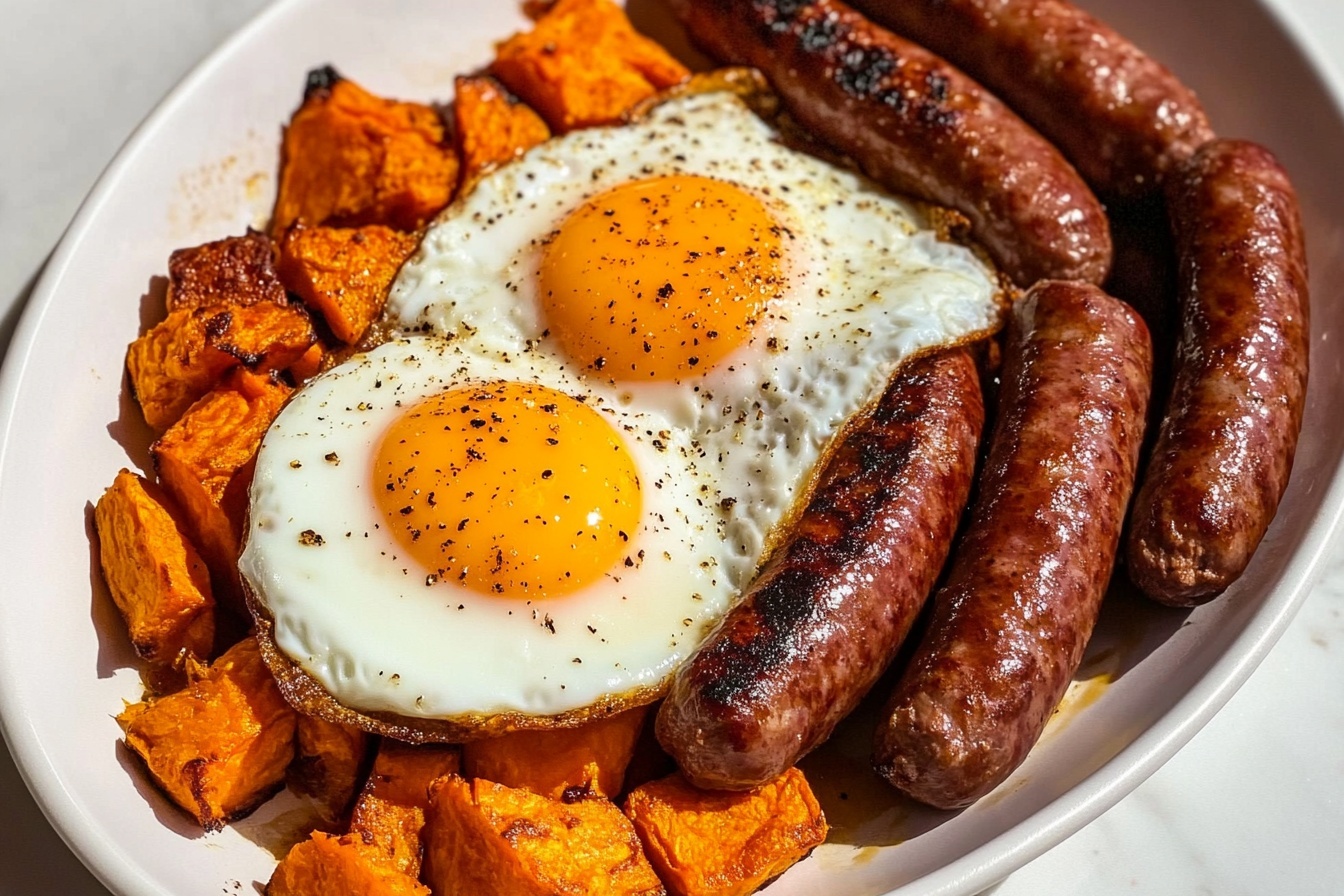 Large white oval platter featuring a complete breakfast spread with three golden sunny-side-up eggs perfectly seasoned with black pepper, nestled atop a generous layer of crispy, spiced sweet potato cubes. Three plump, browned breakfast sausages are arranged elegantly beside the eggs and potatoes, showcasing their juicy texture and rich color. The whole dish is presented in a clean, sophisticated manner on a white marble background, captured in a professional 3/4 angle shot with natural soft directional lighting to highlight the vibrant colors and textures, evoking a sophisticated, gourmet breakfast feel. REALISTIC STYLE IMAGE| TAGS: High-end food photography, clean composition, dramatic lighting, luxurious, elegant, mouth-watering, indulgent, gourmet | CAMERA: Nikon Z7 | FOCAL LENGTH: 50mm | SHOT TYPE: Close-up | COMPOSITION: 3/4 angle | LIGHTING: Soft directional light | PRODUCTION: Food Stylist | TIME: Daytime I LOCATION TYPE: Kitchen near windows --stylize 150 --ar 3:2