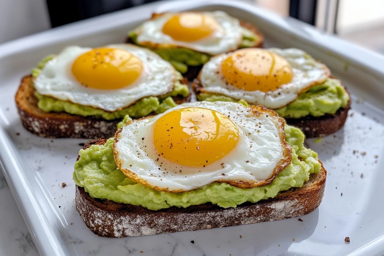 Homemade Cloud Eggs Recipe 6 A large white rectangular baking tray filled with several perfectly baked cloud eggs, each with fluffy, lightly browned egg whites surrounding glossy, vibrant golden yolks, arranged neatly over a layer of creamy mashed avocado spread across rustic whole grain toast slices. The scene is captured in a professional 3/4 angle close-up on a pristine white marble countertop, with natural soft directional daylight filtering through nearby kitchen windows, showcasing the inviting texture and fresh ingredients of the complete dish. REALISTIC STYLE IMAGE | TAGS: High-end food photography, clean composition, dramatic lighting, luxurious, elegant, mouth-watering, indulgent, gourmet | CAMERA: Nikon Z7 | FOCAL LENGTH: 50mm | SHOT TYPE: Close-up | COMPOSITION: 3/4 angle | LIGHTING: Soft directional light | PRODUCTION: Food Stylist | TIME: Daytime I LOCATION TYPE: Kitchen near windows --stylize 150 --ar 3:2