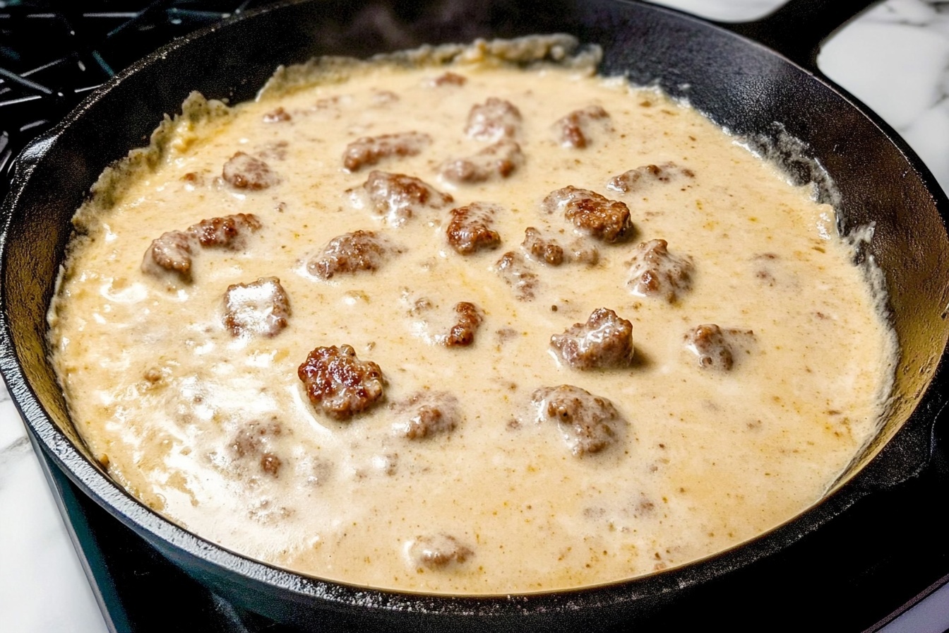 A full cast iron skillet filled with creamy sausage gravy, the sauce rich and smooth with visible chunks of browned, savory sausage pieces evenly distributed throughout. The gravy covers the surface completely, showcasing a luscious texture with a hint of speckled ground spices. The skillet rests on a white marble countertop, captured in a professional 3/4 angle shot under soft, natural daylight streaming from nearby windows, emphasizing the inviting creaminess and hearty meatiness of the dish. The composition is clean, elegant, and mouth-watering, perfect for a gourmet food magazine hero shot. REALISTIC STYLE IMAGE| TAGS: High-end food photography, clean composition, dramatic lighting, luxurious, elegant, mouth-watering, indulgent, gourmet | CAMERA: Nikon Z7 | FOCAL LENGTH: 50mm | SHOT TYPE: Close-up | COMPOSITION: 3/4 angle | LIGHTING: Soft directional light | PRODUCTION: Food Stylist | TIME: Daytime I LOCATION TYPE: Kitchen near windows --stylize 150 --ar 3:2
