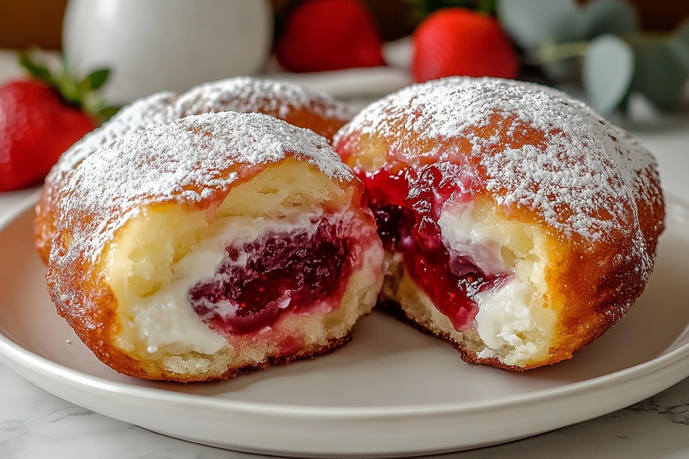 A pristine white plate filled with a complete assortment of glossy, golden-brown cream-filled jelly doughnuts dusted lightly with fine powdered sugar, each doughnut plump and perfectly rounded with smooth, shiny raspberry jelly and creamy custard visible through subtle translucent glazing on top, all arranged together to showcase the entire collection with natural light emphasizing their soft texture and luscious fillings, shot at a 3/4 angle on a white marble surface, styled by a professional food stylist for a gourmet food magazine feel. REALISTIC STYLE IMAGE| TAGS: High-end food photography, clean composition, dramatic lighting, luxurious, elegant, mouth-watering, indulgent, gourmet | CAMERA: Nikon Z7 | FOCAL LENGTH: 50mm | SHOT TYPE: Close-up | COMPOSITION: 3/4 angle | LIGHTING: Soft directional light | PRODUCTION: Food Stylist | TIME: Daytime I LOCATION TYPE: Kitchen near windows --stylize 150 --ar 3:2