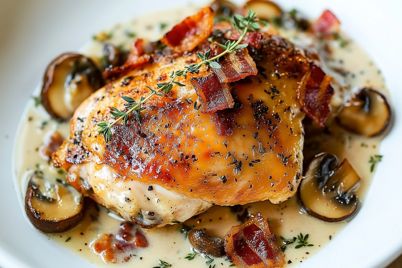 A large stainless steel skillet filled with whole, golden-browned chicken thighs nestled in a creamy mushroom sauce featuring sautéed sliced mushrooms, crispy diced bacon, and sprigs of fresh thyme, the entire pan of luscious chicken and sauce presented from a 3/4 angle on a white marble surface, perfectly styled with soft natural light highlighting the rich textures and vibrant colors. REALISTIC STYLE IMAGE| TAGS: High-end food photography, clean composition, dramatic lighting, luxurious, elegant, mouth-watering, indulgent, gourmet | CAMERA: Nikon Z7 | FOCAL LENGTH: 50mm | SHOT TYPE: Close-up | COMPOSITION: 3/4 angle | LIGHTING: Soft directional light | PRODUCTION: Food Stylist | TIME: Daytime I LOCATION TYPE: Kitchen near windows --stylize 150 --ar 3:2