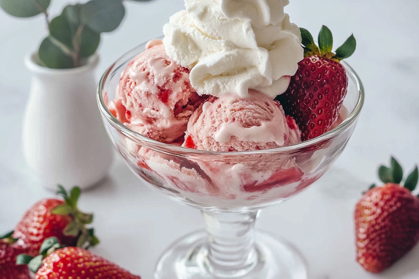 A large clear glass dessert bowl elegantly filled with a generous serving of smooth, creamy pink strawberry ice cream, perfectly swirled and topped with a generous, fluffy mound of fresh whipped cream. Surrounding the bowl on a pristine white marble surface are several whole, ripe strawberries with vibrant red color and fresh green leaves. The entire composition is captured in a professional 3/4 angle shot on a white marble background with soft natural lighting that enhances the textures and colors, evoking a luxurious, indulgent gourmet dessert moment. REALISTIC STYLE IMAGE| TAGS: High-end food photography, clean composition, dramatic lighting, luxurious, elegant, mouth-watering, indulgent, gourmet | CAMERA: Nikon Z7 | FOCAL LENGTH: 50mm | SHOT TYPE: Close-up | COMPOSITION: 3/4 angle | LIGHTING: Soft directional light | PRODUCTION: Food Stylist | TIME: Daytime I LOCATION TYPE: Kitchen near windows --stylize 150 --ar 3:2