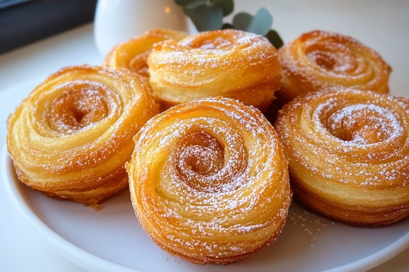A pristine white plate featuring a full arrangement of six golden-brown cronuts, each flawlessly exhibiting delicate, layered spirals of flaky pastry dusted lightly with powdered sugar that catches the natural daylight, all presented on a smooth white marble surface. The cronuts have a perfectly crisp exterior with a subtle sheen revealing their buttery texture, styled carefully to emphasize their uniformity and inviting appearance, captured with a professional 3/4 angle shot that highlights the whole dish in a clean, elegant composition. REALISTIC STYLE IMAGE| TAGS: High-end food photography, clean composition, dramatic lighting, luxurious, elegant, mouth-watering, indulgent, gourmet | CAMERA: Nikon Z7 | FOCAL LENGTH: 50mm | SHOT TYPE: Close-up | COMPOSITION: 3/4 angle | LIGHTING: Soft directional light | PRODUCTION: Food Stylist | TIME: Daytime I LOCATION TYPE: Kitchen near windows --stylize 150 --ar 3:2
