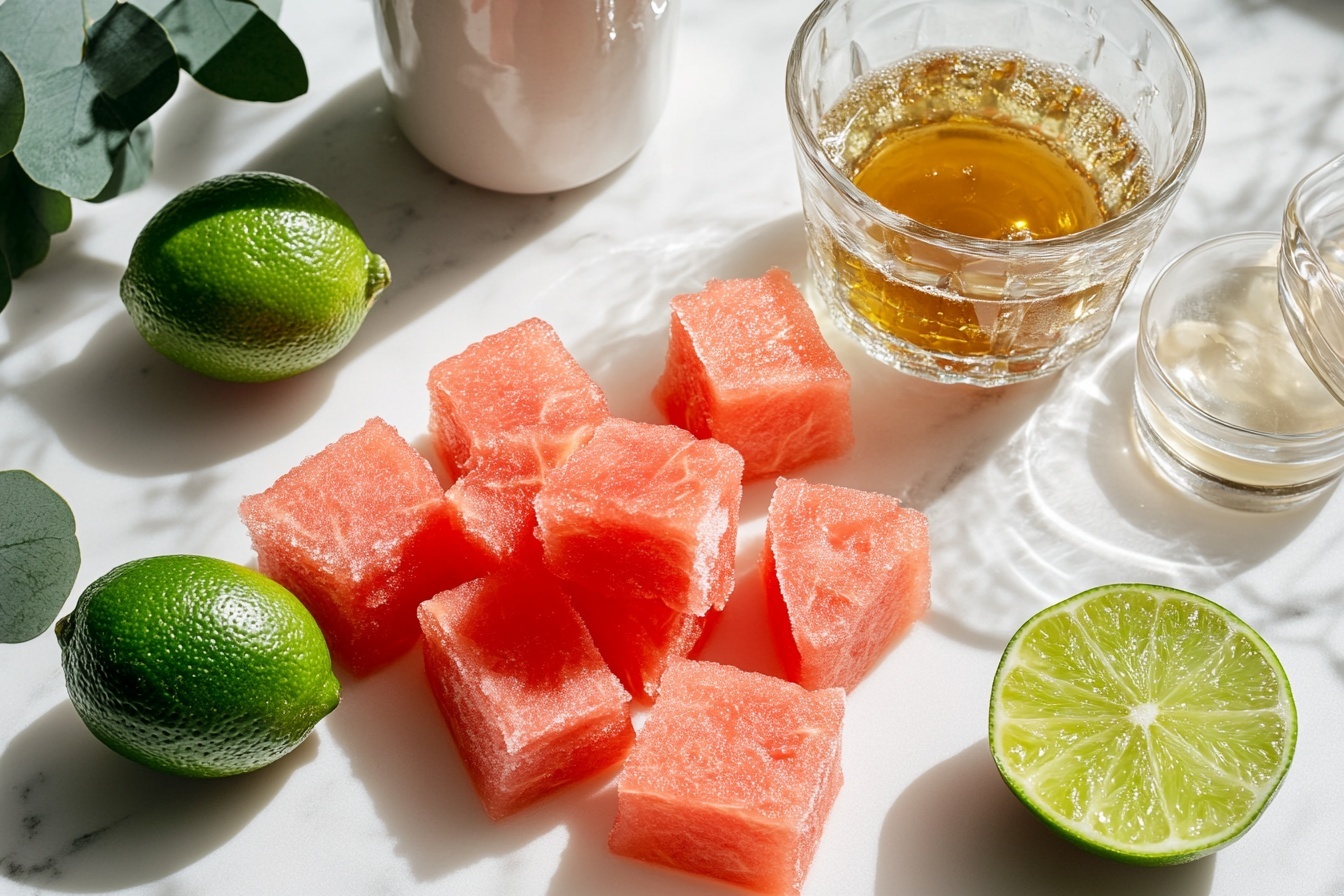 A single clear glass filled with a smooth, vibrant watermelon slushie with a rich red texture, perfectly scooped to form a rounded top, garnished elegantly with a fresh lime wheel on the rim, a pale pink straw inserted into the icy beverage, sitting on a pristine white plate against a white marble background, capturing the refreshing and chilled interior texture with natural daylight streaming from the side highlighting condensation droplets on the glass, styled as a gourmet summer treat ready to enjoy, close-up shot emphasizing the icy granules and juicy watermelon essence. REALISTIC STYLE IMAGE| TAGS: High-end food photography, clean composition, dramatic lighting, luxurious, elegant, mouth-watering, indulgent, gourmet | CAMERA: Nikon Z7 | FOCAL LENGTH: 50mm | SHOT TYPE: Close-up | COMPOSITION: 3/4 angle | LIGHTING: Soft directional light | PRODUCTION: Food Stylist | TIME: Daytime I LOCATION TYPE: Kitchen near windows --stylize 150 --ar 3:2