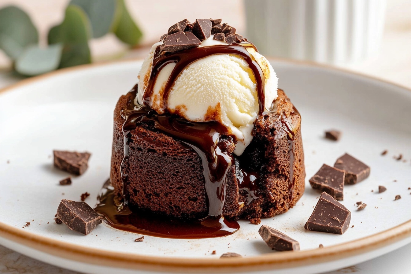 A large white ceramic plate holding a whole rich chocolate lava cake, perfectly domed and uncut, topped generously with three rounded scoops of creamy vanilla ice cream drizzled with glossy dark chocolate sauce, garnished with delicate chocolate shards scattered artfully on the plate, all photographed from a 3/4 angle to capture the luscious texture and indulgent presentation, set on a pristine white marble background with natural soft directional light illuminating the scene, styled luxuriously and elegantly for a gourmet food magazine hero shot. REALISTIC STYLE IMAGE| TAGS: High-end food photography, clean composition, dramatic lighting, luxurious, elegant, mouth-watering, indulgent, gourmet | CAMERA: Nikon Z7 | FOCAL LENGTH: 50mm | SHOT TYPE: Close-up | COMPOSITION: 3/4 angle | LIGHTING: Soft directional light | PRODUCTION: Food Stylist | TIME: Daytime | LOCATION TYPE: Kitchen near windows --stylize 150 --ar 3:2