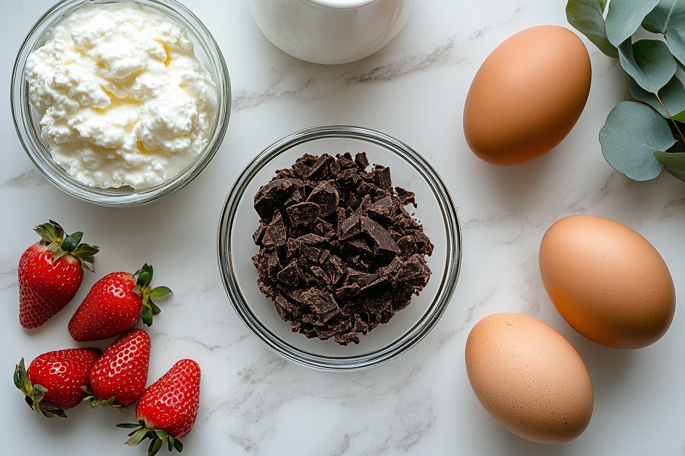 Single white plate featuring one individual serving of strawberry chocolate mousse in a clear glass jar, with visible layers including a crumbly chocolate base, fluffy pink strawberry mousse showing small strawberry pieces throughout, and a smooth glossy chocolate ganache topping, crowned with a delicate swirl of whipped cream and a fresh vibrant strawberry with green stem, close-up 3/4 angle highlighting texture and layers, natural soft directional daylight filtering through a kitchen window, white marble backdrop enhancing the elegant and luscious presentation, styled for a gourmet food blog. REALISTIC STYLE IMAGE| TAGS: High-end food photography, clean composition, dramatic lighting, luxurious, elegant, mouth-watering, indulgent, gourmet | CAMERA: Nikon Z7 | FOCAL LENGTH: 50mm | SHOT TYPE: Close-up | COMPOSITION: 3/4 angle | LIGHTING: Soft directional light | PRODUCTION: Food Stylist | TIME: Daytime I LOCATION TYPE: Kitchen near windows --stylize 150 --ar 3:2
