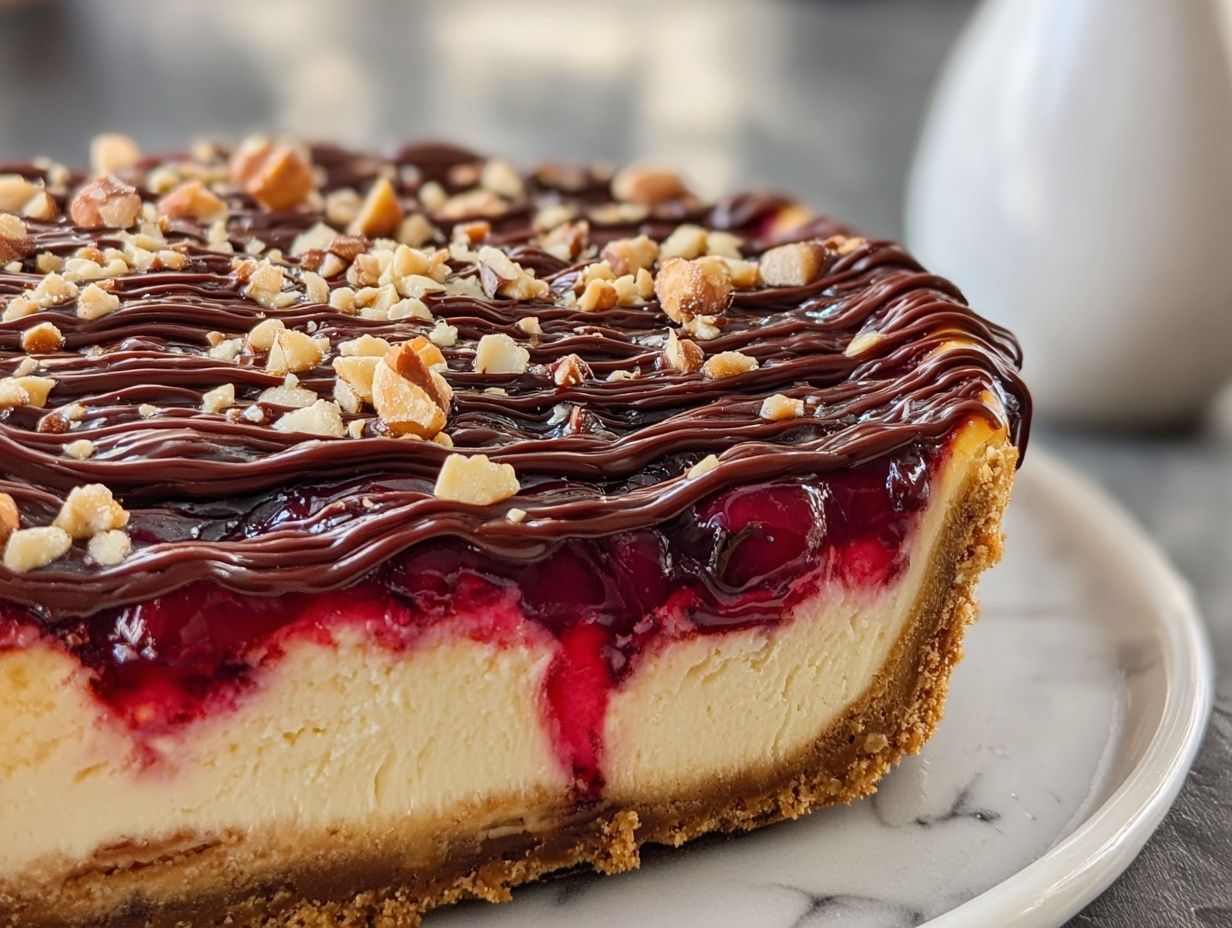 Cherry Blossom Cheesecake with Cherry Pie Filling, Chocolate Drizzle, and Crunchy Nuts Recipe - Recipe Image