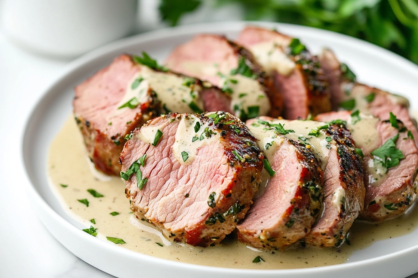 Savory Oven-Baked Pork Tenderloin with Dijon Cream Sauce Recipe 6 Whole pork tenderloin, perfectly roasted with a caramelized, pepper-crusted exterior, displayed whole on a large white platter, generously drizzled with creamy mustard sauce pooling around the meat, garnished with fresh thyme sprigs and cracked black pepper scattered artfully, captured in a professional 3/4 angle shot on white marble background under soft natural daylight, styled to emphasize the tender juicy texture and rich flavors, exuding an elegant and indulgent gourmet appeal. REALISTIC STYLE IMAGE| TAGS: High-end food photography, clean composition, dramatic lighting, luxurious, elegant, mouth-watering, indulgent, gourmet | CAMERA: Nikon Z7 | FOCAL LENGTH: 50mm | SHOT TYPE: Close-up | COMPOSITION: 3/4 angle | LIGHTING: Soft directional light | PRODUCTION: Food Stylist | TIME: Daytime I LOCATION TYPE: Kitchen near windows --stylize 150 --ar 3:2