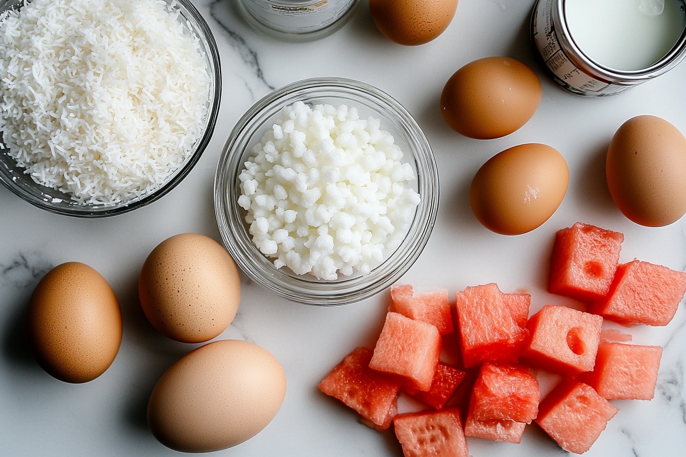Single white glass filled with a close-up serving of pink coconut tapioca pudding layered with small, translucent tapioca pearls suspended in creamy coconut milk, topped with finely diced juicy red watermelon cubes that reveal their fresh, moist texture, the glass sitting on a white marble surface, soft natural light highlighting the refreshing contrast of the creamy pudding and vibrant fruit, styled elegantly for an intimate food blog presentation, showing the clarity and details of the tapioca and fruit layering, ready to be eaten. REALISTIC STYLE IMAGE| TAGS: High-end food photography, clean composition, dramatic lighting, luxurious, elegant, mouth-watering, indulgent, gourmet | CAMERA: Nikon Z7 | FOCAL LENGTH: 50mm | SHOT TYPE: Close-up | COMPOSITION: 3/4 angle | LIGHTING: Soft directional light | PRODUCTION: Food Stylist | TIME: Daytime I LOCATION TYPE: Kitchen near windows --stylize 150 --ar 3:2