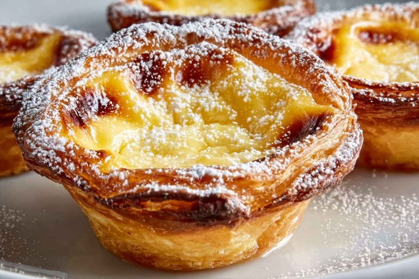 Easy Mini Dutch Baby Pancakes Recipe 6 A white oval large ceramic serving tray with a generous arrangement of freshly baked Portuguese egg tarts, each with a perfectly golden, flaky crust and a glossy, creamy custard filling that glistens under natural light, lightly dusted with powdered sugar, presented on a white marble kitchen countertop. The scene is styled professionally, capturing the entire batch of tarts with a sense of abundance and inviting warmth, photographed from a 3/4 angle to highlight texture and color contrast in a luxurious and elegant manner. REALISTIC STYLE IMAGE| TAGS: High-end food photography, clean composition, dramatic lighting, luxurious, elegant, mouth-watering, indulgent, gourmet | CAMERA: Nikon Z7 | FOCAL LENGTH: 50mm | SHOT TYPE: Close-up | COMPOSITION: 3/4 angle | LIGHTING: Soft directional light | PRODUCTION: Food Stylist | TIME: Daytime I LOCATION TYPE: Kitchen near windows --stylize 150 --ar 3:2