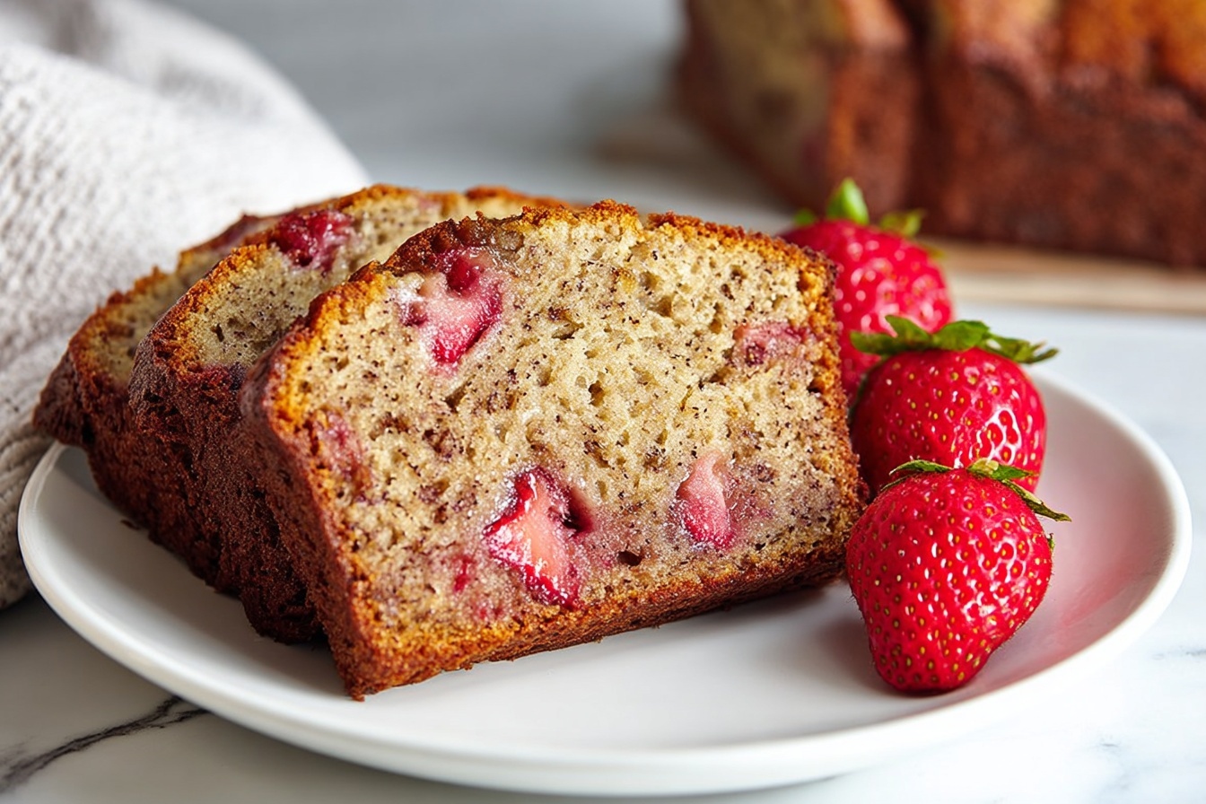 Strawberry Banana Bread Recipe 6 A full loaf of strawberry banana bread, whole and unsliced, presented on a large white rectangular platter. The loaf showcases a golden-brown crust with visible chunks of fresh strawberries and hints of banana within the bread. The presentation is clean and elegant, with a white marble kitchen countertop background, natural soft directional daylight highlighting the moist texture and vibrant fruit colors. The shot is taken at a 3/4 angle to capture the entire loaf in frame, styled to emphasize an indulgent, homemade yet gourmet appeal. REALISTIC STYLE IMAGE| TAGS: High-end food photography, clean composition, dramatic lighting, luxurious, elegant, mouth-watering, indulgent, gourmet | CAMERA: Nikon Z7 | FOCAL LENGTH: 50mm | SHOT TYPE: Close-up | COMPOSITION: 3/4 angle | LIGHTING: Soft directional light | PRODUCTION: Food Stylist | TIME: Daytime | LOCATION TYPE: Kitchen near windows --stylize 150 --ar 3:2