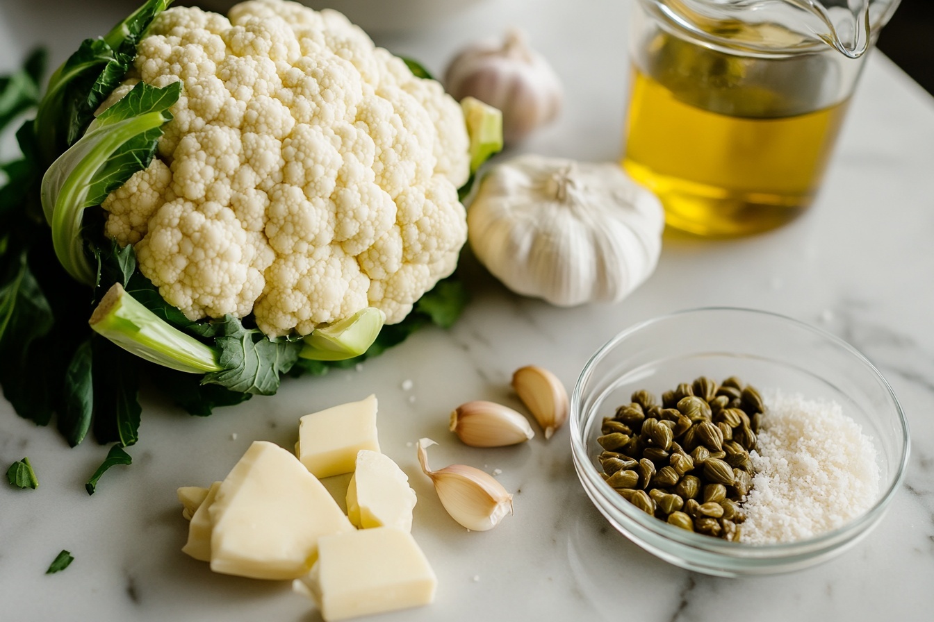 Single white plate featuring a generous, plated serving of roasted cauliflower florets with a golden-brown crust, speckled with toasted herbs and scattered finely chopped fresh parsley and small dark raisins for contrast, close-up 3/4 angle revealing the crispy exterior and tender interior textures, set on a clean white marble surface with soft natural light highlighting the savory, rustic appeal, styled as an elegant gourmet vegetable side dish ready to eat, minimalistic and refined presentation. REALISTIC STYLE IMAGE| TAGS: High-end food photography, clean composition, dramatic lighting, luxurious, elegant, mouth-watering, indulgent, gourmet | CAMERA: Nikon Z7 | FOCAL LENGTH: 50mm | SHOT TYPE: Close-up | COMPOSITION: 3/4 angle | LIGHTING: Soft directional light | PRODUCTION: Food Stylist | TIME: Daytime I LOCATION TYPE: Kitchen near windows --stylize 150 --ar 3:2