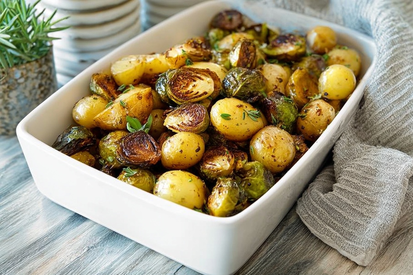 Roasted Baby Potatoes with Brussels Sprouts, Pancetta, and Balsamic Drizzle Recipe