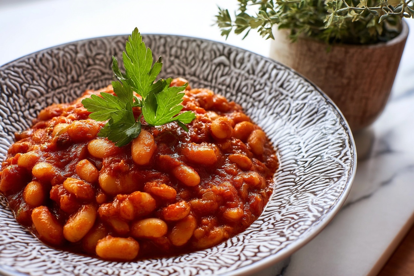A large white ceramic bowl filled with a hearty and vibrant serving of traditional baked beans in a rich tomato sauce, garnished with fresh sprigs of parsley for a burst of color and freshness. The full bowl is presented on a clean white marble kitchen countertop, styled with a minimalistic yet elegant approach to highlight the comforting texture and warmth of the dish. The scene is illuminated by natural, soft directional daylight streaming in near a kitchen window, emphasizing the inviting and wholesome nature of the beans. This professional food photography captures the entire uncut, complete serving as a mouth-watering, indulgent gourmet presentation fit for a food magazine hero shot. REALISTIC STYLE IMAGE| TAGS: High-end food photography, clean composition, dramatic lighting, luxurious, elegant, mouth-watering, indulgent, gourmet | CAMERA: Nikon Z7 | FOCAL LENGTH: 50mm | SHOT TYPE: Close-up | COMPOSITION: 3/4 angle | LIGHTING: Soft directional light | PRODUCTION: Food Stylist | TIME: Daytime I LOCATION TYPE: Kitchen near windows --stylize 150 --ar 3:2