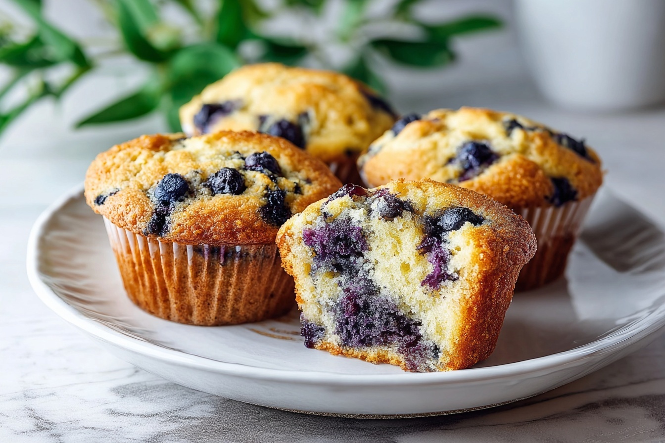 A large white oval ceramic serving tray filled with a full batch of golden blueberry muffins, each muffin perfectly domed and studded with plump, juicy blueberries peeking through the tender crumb, arranged neatly in rows to showcase their uniformity and inviting texture, the scene set on a white marble kitchen countertop with soft directional natural daylight highlighting the muffins' warm crust and subtle sugar sparkle, styled for a gourmet food magazine hero shot. REALISTIC STYLE IMAGE| TAGS: High-end food photography, clean composition, dramatic lighting, luxurious, elegant, mouth-watering, indulgent, gourmet | CAMERA: Nikon Z7 | FOCAL LENGTH: 50mm | SHOT TYPE: Close-up | COMPOSITION: 3/4 angle | LIGHTING: Soft directional light | PRODUCTION: Food Stylist | TIME: Daytime I LOCATION TYPE: Kitchen near windows --stylize 150 --ar 3:2