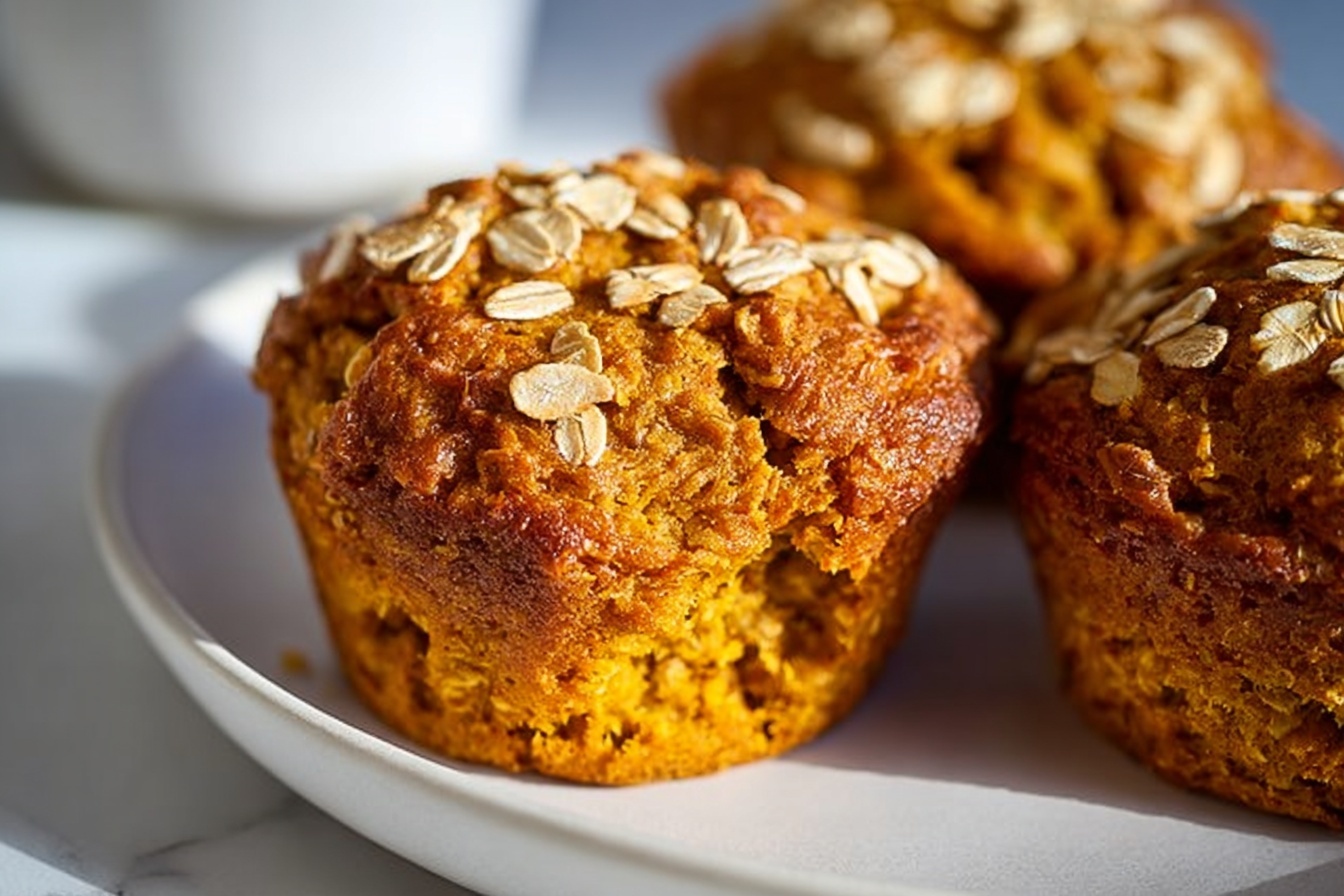 A large white oval ceramic serving tray filled with a full batch of freshly baked golden-brown pumpkin oatmeal muffins, each topped generously with rolled oats, arranged neatly to showcase their rustic texture and warm autumnal tones, placed on a white marble kitchen countertop with natural daylight streaming in, garnished with subtle hints of greenery in the background to evoke a cozy, inviting atmosphere. REALISTIC STYLE IMAGE| TAGS: High-end food photography, clean composition, dramatic lighting, luxurious, elegant, mouth-watering, indulgent, gourmet | CAMERA: Nikon Z7 | FOCAL LENGTH: 50mm | SHOT TYPE: Close-up | COMPOSITION: 3/4 angle | LIGHTING: Soft directional light | PRODUCTION: Food Stylist | TIME: Daytime I LOCATION TYPE: Kitchen near windows --stylize 150 --ar 3:2