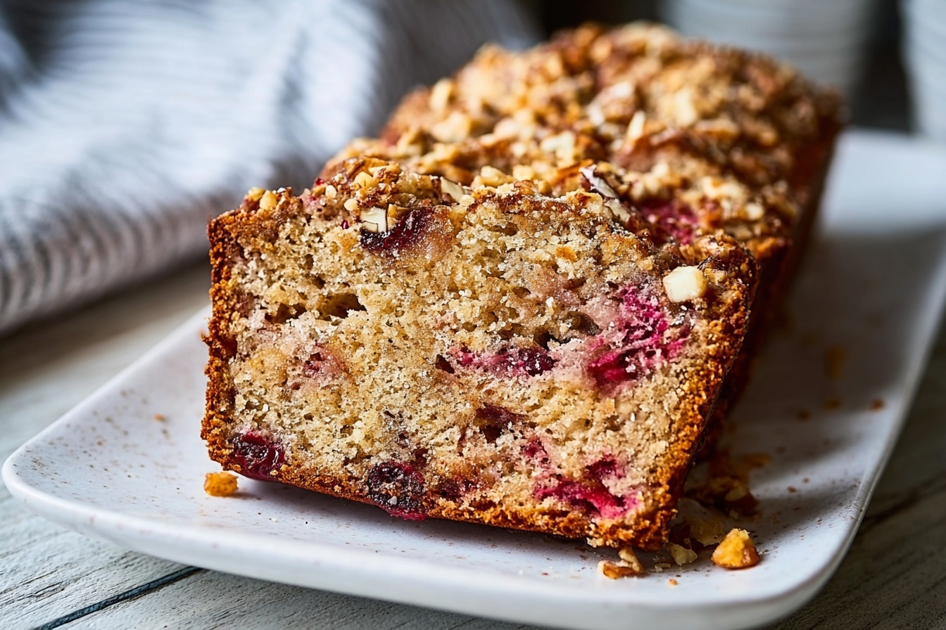 Whole golden-brown loaf of nut and berry-studded bread resting on a large white rectangular ceramic platter, topped with a generous sprinkle of crushed walnuts and visible chunks of dried cranberries, surrounded by a small bouquet of fresh purple flowers for a natural touch, photographed in a bright kitchen setting on a white marble countertop with soft natural light enhancing the warm textures of the bread crust, styled as a gourmet artisanal baked good ready to be served. REALISTIC STYLE IMAGE| TAGS: High-end food photography, clean composition, dramatic lighting, luxurious, elegant, mouth-watering, indulgent, gourmet | CAMERA: Nikon Z7 | FOCAL LENGTH: 50mm | SHOT TYPE: Close-up | COMPOSITION: 3/4 angle | LIGHTING: Soft directional light | PRODUCTION: Food Stylist | TIME: Daytime I LOCATION TYPE: Kitchen near windows --stylize 150 --ar 3:2