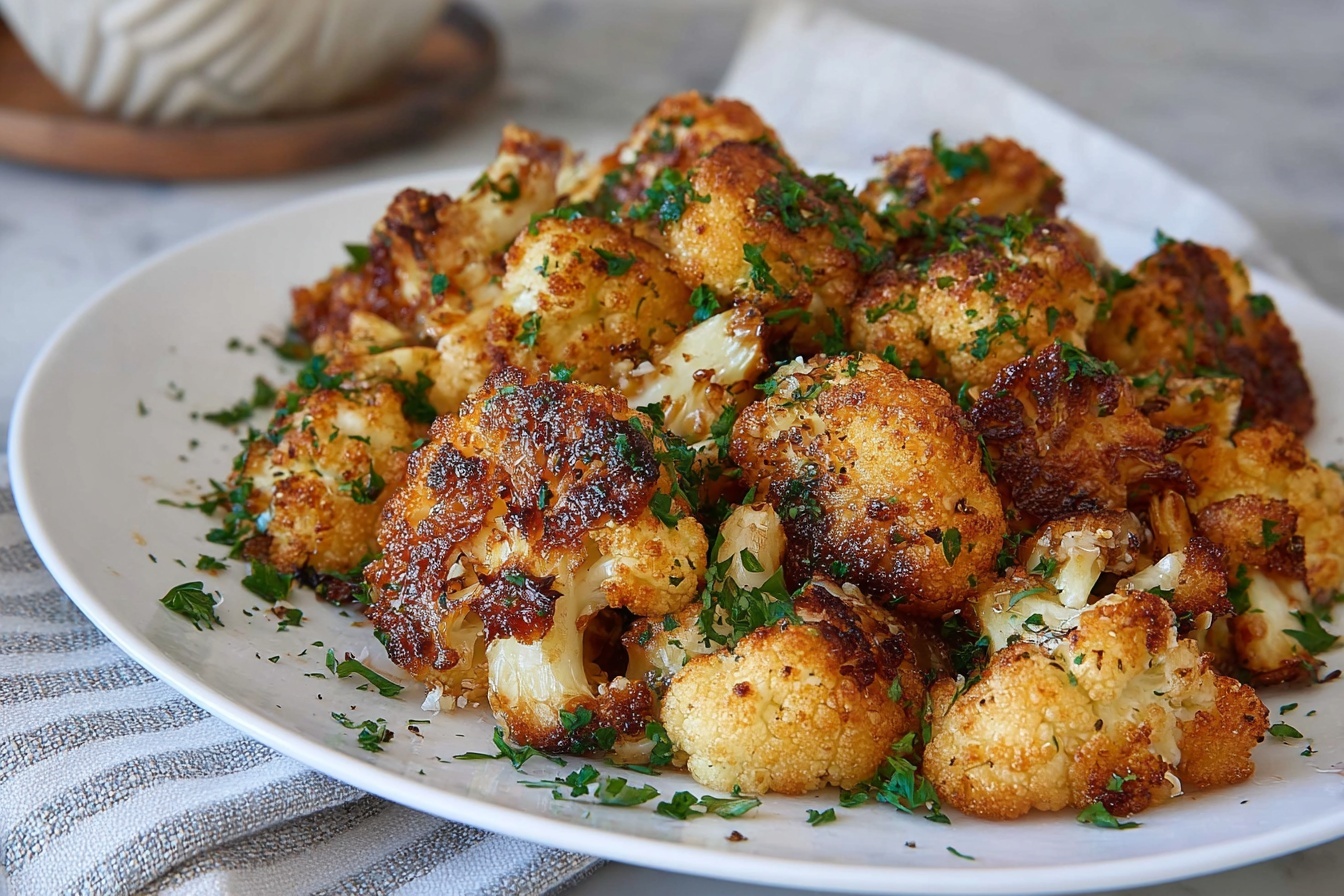 Garlic Parmesan Roasted Cauliflower Recipe 6 Large white oval serving platter heaped with perfectly roasted cauliflower florets, golden-brown and slightly charred on the edges, generously sprinkled with fresh chopped parsley for a burst of green color, showcasing the whole dish in a rustic yet appealing way on a white marble kitchen countertop, captured from a 3/4 angle to highlight the texture and seasoning, with natural soft directional daylight enhancing the warm tones, styled by a professional food stylist for a gourmet food magazine hero shot, conjuring an indulgent and elegant feel. REALISTIC STYLE IMAGE| TAGS: High-end food photography, clean composition, dramatic lighting, luxurious, elegant, mouth-watering, indulgent, gourmet | CAMERA: Nikon Z7 | FOCAL LENGTH: 50mm | SHOT TYPE: Close-up | COMPOSITION: 3/4 angle | LIGHTING: Soft directional light | PRODUCTION: Food Stylist | TIME: Daytime I LOCATION TYPE: Kitchen near windows --stylize 150 --ar 3:2