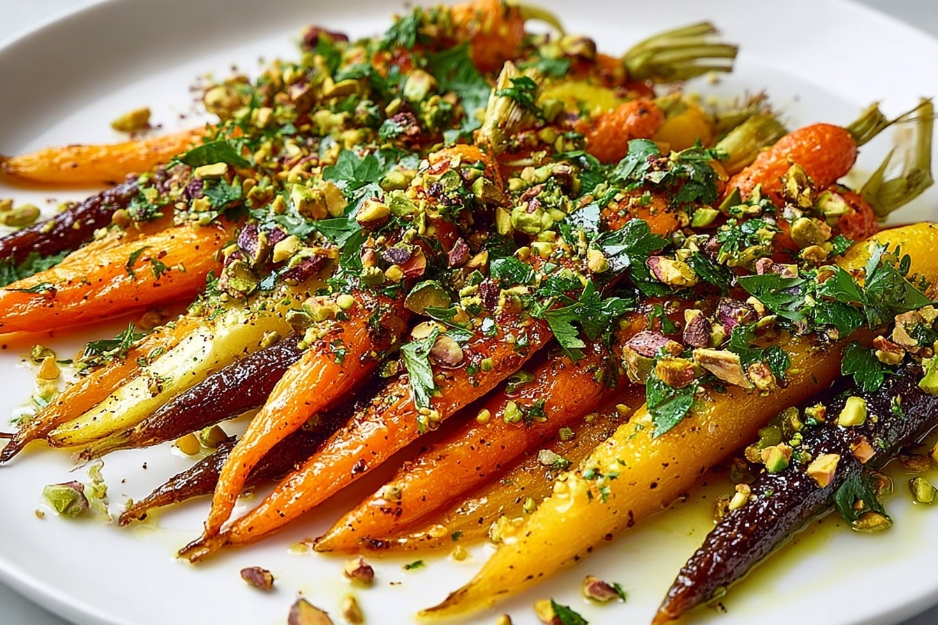 A large white rectangular serving platter filled with an abundant array of whole roasted baby carrots in varying shades of orange, yellow, and white, garnished with fresh chopped parsley and sprinkled with toasted chopped nuts, neatly arranged to showcase the vibrant colors and glistening roasted texture, photographed from a 3/4 angle on a pristine white marble kitchen countertop under soft natural daylight, styled to highlight the rustic yet elegant presentation of this hearty vegetable dish. REALISTIC STYLE IMAGE| TAGS: High-end food photography, clean composition, dramatic lighting, luxurious, elegant, mouth-watering, indulgent, gourmet | CAMERA: Nikon Z7 | FOCAL LENGTH: 50mm | SHOT TYPE: Close-up | COMPOSITION: 3/4 angle | LIGHTING: Soft directional light | PRODUCTION: Food Stylist | TIME: Daytime I LOCATION TYPE: Kitchen near windows --stylize 150 --ar 3:2