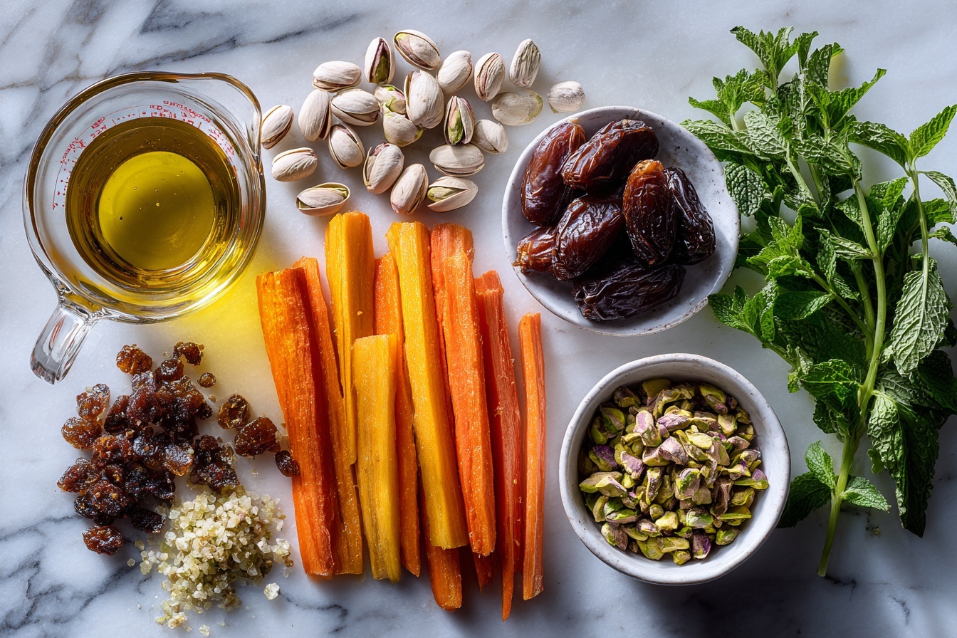 Single white plate showcasing a neatly arranged portion of roasted multicolored baby carrots, topped with finely chopped herbs and crushed pistachios, close-up angled shot revealing the slightly charred, tender texture of the carrots and vibrant green of the fresh garnish, placed on a white marble background, natural soft directional light emphasizing the earthy tones and freshness, styled to evoke a gourmet vegetable side dish ready to serve, intimate food blog style presentation. REALISTIC STYLE IMAGE| TAGS: High-end food photography, clean composition, dramatic lighting, luxurious, elegant, mouth-watering, indulgent, gourmet | CAMERA: Nikon Z7 | FOCAL LENGTH: 50mm | SHOT TYPE: Close-up | COMPOSITION: 3/4 angle | LIGHTING: Soft directional light | PRODUCTION: Food Stylist | TIME: Daytime I LOCATION TYPE: Kitchen near windows --stylize 150 --ar 3:2
