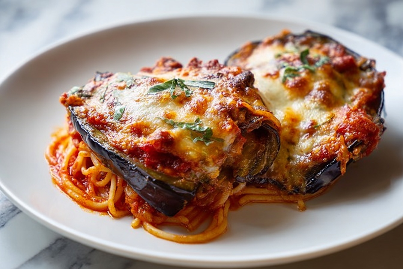 A large rustic terracotta baking dish filled with whole stuffed eggplant rolls generously layered with vibrant red marinara sauce and melted golden cheese atop a bed of perfectly cooked thin spaghetti, the dish arranged neatly and baked to a slight golden-brown finish, displayed on a white marble kitchen countertop with a subtle textured cloth underneath, captured in a 3/4 angle showing the full ceramic container in natural daylight with soft directional light highlighting the rich textures and colors of the gourmet Italian casserole. REALISTIC STYLE IMAGE| TAGS: High-end food photography, clean composition, dramatic lighting, luxurious, elegant, mouth-watering, indulgent, gourmet | CAMERA: Nikon Z7 | FOCAL LENGTH: 50mm | SHOT TYPE: Close-up | COMPOSITION: 3/4 angle | LIGHTING: Soft directional light | PRODUCTION: Food Stylist | TIME: Daytime I LOCATION TYPE: Kitchen near windows --stylize 150 --ar 3:2