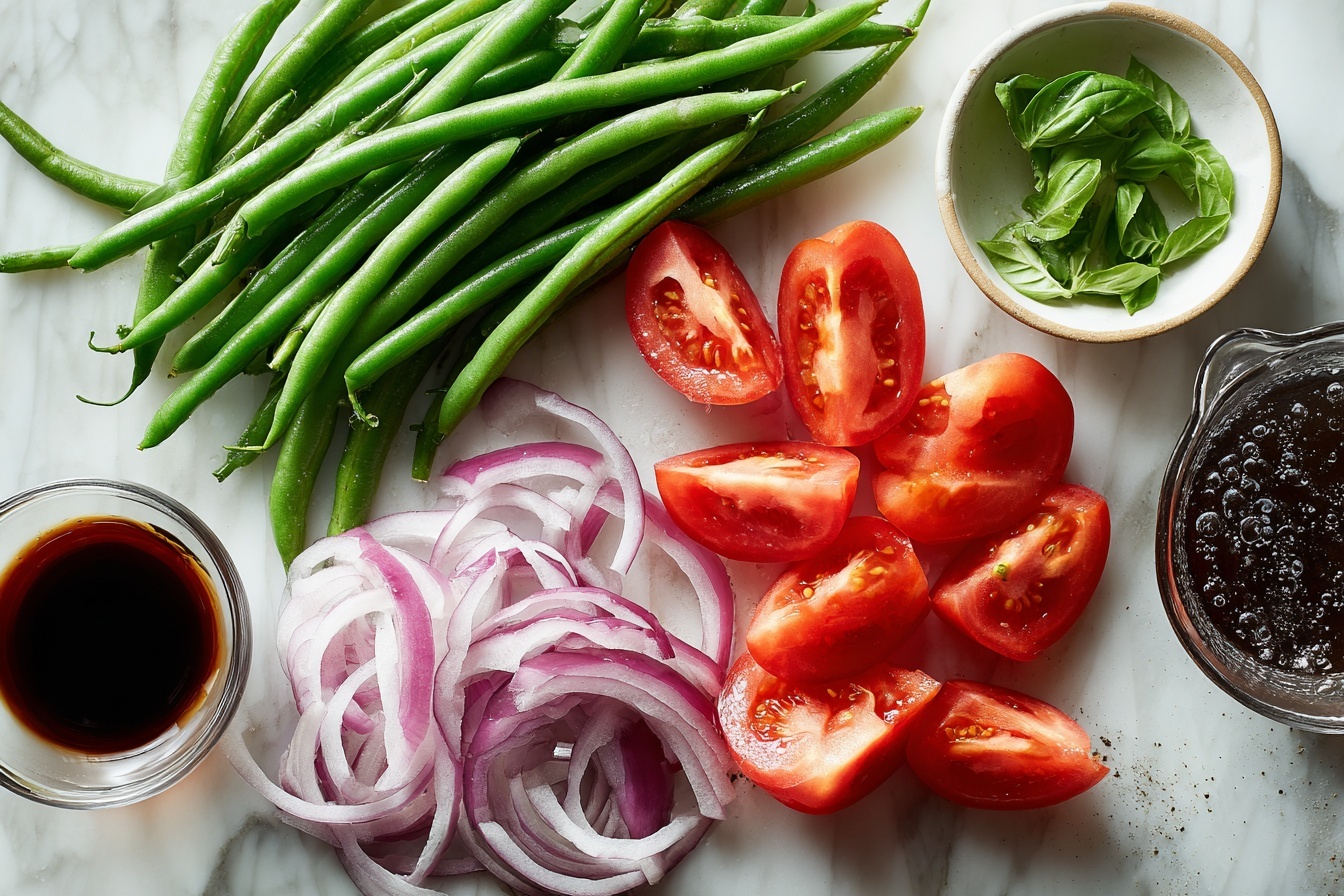 Single white plate presenting a close-up serving of vibrant green bean salad mixed with thinly sliced red onions and juicy tomato wedges, lightly seasoned with cracked black pepper, glistening with a delicate dressing that highlights the crisp texture of the vegetables, angled shot showcasing the glossy surface and freshness of each bean, set on a white marble background, natural soft directional light emphasizing the fresh and clean composition, styled with elegance and mouth-watering appeal, ready to eat as a perfect individual portion. REALISTIC STYLE IMAGE| TAGS: High-end food photography, clean composition, dramatic lighting, luxurious, elegant, mouth-watering, indulgent, gourmet | CAMERA: Nikon Z7 | FOCAL LENGTH: 50mm | SHOT TYPE: Close-up | COMPOSITION: 3/4 angle | LIGHTING: Soft directional light | PRODUCTION: Food Stylist | TIME: Daytime I LOCATION TYPE: Kitchen near windows --stylize 150 --ar 3:2