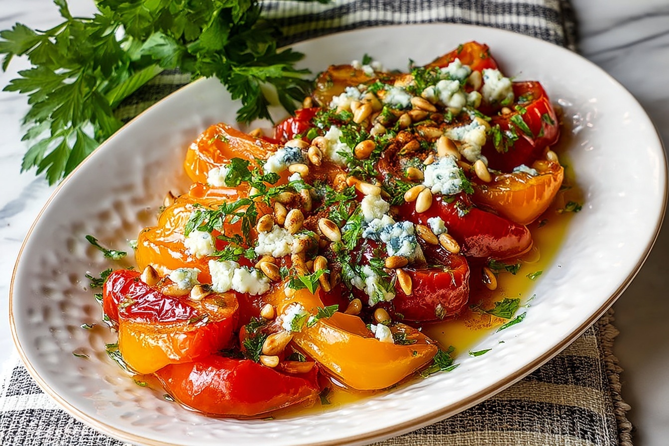 Grilled Peppers with Gorgonzola Crumbles and Pine Nuts Recipe