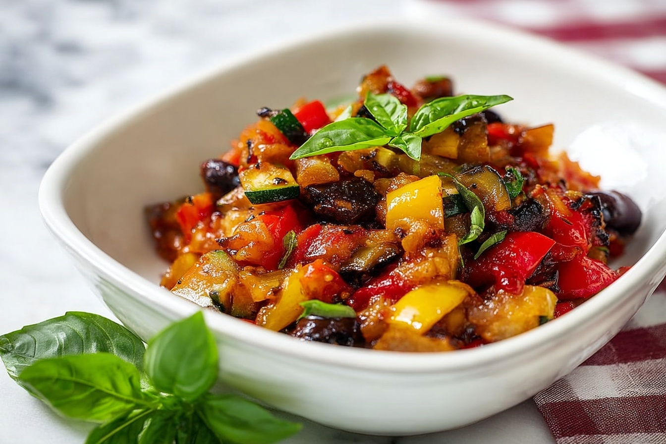 Large white rectangular baking dish filled with a colorful ratatouille casserole, showcasing an array of roasted vegetables including bright red and yellow bell peppers, eggplant chunks, zucchini slices, and pieces of tomato, all tender and caramelized, topped with fresh whole basil leaves, presented as a whole dish on a pristine white marble countertop with natural soft daylight casting gentle shadows, styled like a gourmet magazine hero shot, emphasizing freshness and abundance of the ingredients, clean and elegant composition. REALISTIC STYLE IMAGE| TAGS: High-end food photography, clean composition, dramatic lighting, luxurious, elegant, mouth-watering, indulgent, gourmet | CAMERA: Nikon Z7 | FOCAL LENGTH: 50mm | SHOT TYPE: Close-up | COMPOSITION: 3/4 angle | LIGHTING: Soft directional light | PRODUCTION: Food Stylist | TIME: Daytime I LOCATION TYPE: Kitchen near windows --stylize 150 --ar 3:2