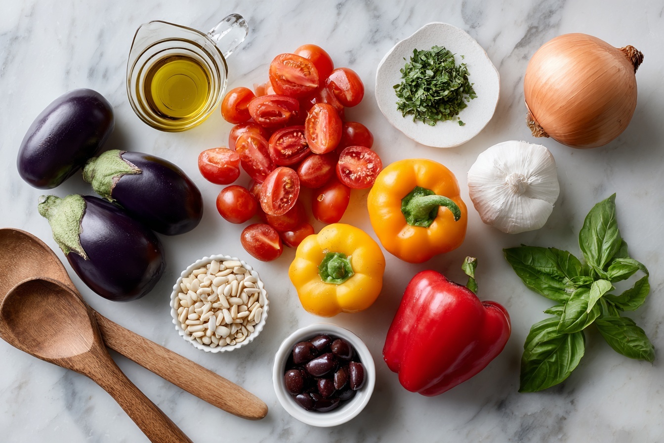 Single white shallow dish featuring a plated portion of colorful ratatouille consisting of tender diced eggplant, zucchini, red and yellow bell peppers, and olives, garnished with fresh green basil leaves. The vibrant mixture appears glistening with olive oil, showcasing the soft, cooked textures of the vegetables and their charred edges in an angled close-up view. The dish is set on a white marble surface with natural light highlighting the rich colors and rustic medley, styled as a gourmet single serving ready to enjoy. REALISTIC STYLE IMAGE| TAGS: High-end food photography, clean composition, dramatic lighting, luxurious, elegant, mouth-watering, indulgent, gourmet | CAMERA: Nikon Z7 | FOCAL LENGTH: 50mm | SHOT TYPE: Close-up | COMPOSITION: 3/4 angle | LIGHTING: Soft directional light | PRODUCTION: Food Stylist | TIME: Daytime I LOCATION TYPE: Kitchen near windows --stylize 150 --ar 3:2