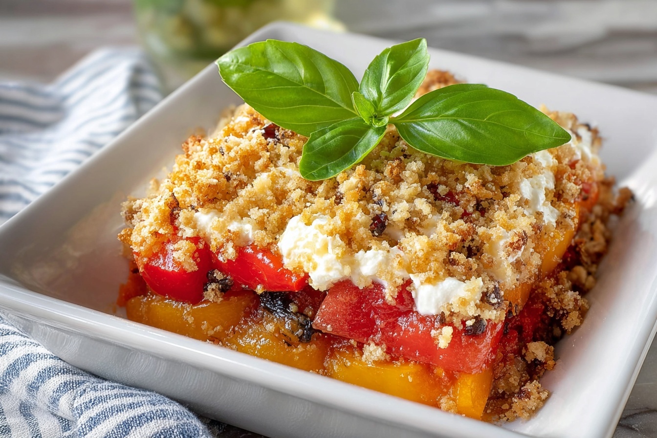 Large white ceramic baking dish filled with a vibrant baked vegetable casserole featuring colorful layers of roasted red and yellow peppers, topped with melted chunks of creamy white cheese, golden crispy breadcrumbs, and scattered bits of dark olives, garnished with fresh bright green basil leaves on top, photographed from a 3/4 angle on a white marble kitchen countertop with natural daylight illuminating the dish like a hero shot from a gourmet food magazine, styled with elegant simplicity --stylize 150 --ar 3:2 REALISTIC STYLE IMAGE| TAGS: High-end food photography, clean composition, dramatic lighting, luxurious, elegant, mouth-watering, indulgent, gourmet | CAMERA: Nikon Z7 | FOCAL LENGTH: 50mm | SHOT TYPE: Close-up | COMPOSITION: 3/4 angle | LIGHTING: Soft directional light | PRODUCTION: Food Stylist | TIME: Daytime I LOCATION TYPE: Kitchen near windows