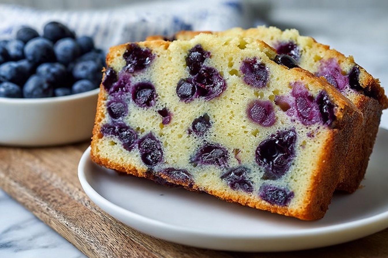 A fully baked, whole blueberry loaf cake in a rectangular metal baking pan, golden-brown crust dotted generously with fresh blueberries peeking through the surface, the texture rich and moist, placed on a white marble countertop with natural light softly highlighting the warm tones, styled to showcase the entire dish without any slices, accompanied by a small white bowl filled with plump fresh blueberries as a complementary element, photographed from a 3/4 angle with a clean and elegant composition, evoking a sense of homemade indulgence and gourmet quality. REALISTIC STYLE IMAGE| TAGS: High-end food photography, clean composition, dramatic lighting, luxurious, elegant, mouth-watering, indulgent, gourmet | CAMERA: Nikon Z7 | FOCAL LENGTH: 50mm | SHOT TYPE: Close-up | COMPOSITION: 3/4 angle | LIGHTING: Soft directional light | PRODUCTION: Food Stylist | TIME: Daytime I LOCATION TYPE: Kitchen near windows --stylize 150 --ar 3:2