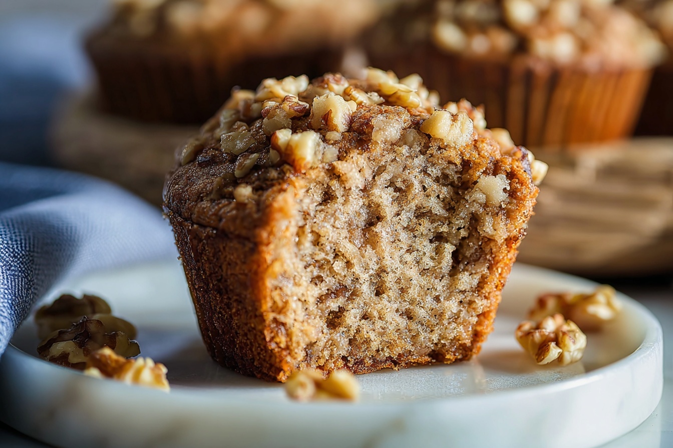 Applesauce Bran Muffins Recipe 6 A large white ceramic oval serving tray filled with a generous batch of freshly baked muffins topped with chopped walnuts, each muffin golden brown with a slightly cracked top showing moist texture beneath the nutty crust. The muffins are neatly arranged in a clean, elegant pattern on the tray with a few extra walnut pieces sprinkled artfully around the edges. The tray is set on a white marble countertop in a bright, airy kitchen near windows, captured from a 3/4 angle with soft natural lighting highlighting the detailed textures and warm colors of the muffins. REALISTIC STYLE IMAGE| TAGS: High-end food photography, clean composition, dramatic lighting, luxurious, elegant, mouth-watering, indulgent, gourmet | CAMERA: Nikon Z7 | FOCAL LENGTH: 50mm | SHOT TYPE: Close-up | COMPOSITION: 3/4 angle | LIGHTING: Soft directional light | PRODUCTION: Food Stylist | TIME: Daytime I LOCATION TYPE: Kitchen near windows --stylize 150 --ar 3:2