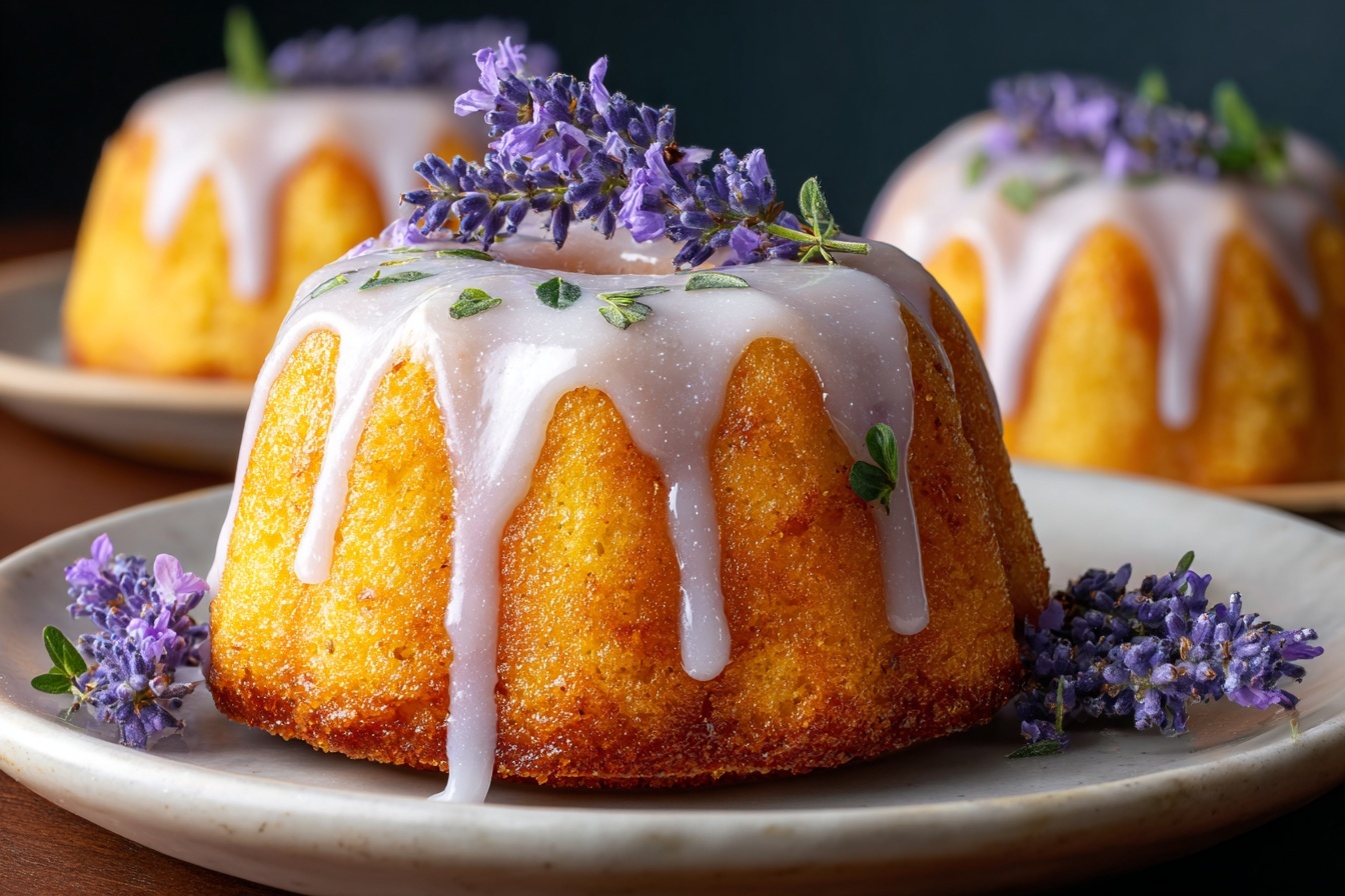 Whole lemon lavender bundt cake on a large white ceramic oval platter, elegantly glazed with smooth lemon icing dripping down the ridged sides, decorated with fresh lemon wedges, sprigs of rosemary, and scattered lavender flowers, styled as a complete uncut cake that showcases its moist texture and golden crumb, set against a white marble countertop with natural daylight filtering in, capturing a luxurious, mouth-watering, and gourmet presentation. REALISTIC STYLE IMAGE| TAGS: High-end food photography, clean composition, dramatic lighting, luxurious, elegant, mouth-watering, indulgent, gourmet | CAMERA: Nikon Z7 | FOCAL LENGTH: 50mm | SHOT TYPE: Close-up | COMPOSITION: 3/4 angle | LIGHTING: Soft directional light | PRODUCTION: Food Stylist | TIME: Daytime I LOCATION TYPE: Kitchen near windows --stylize 150 --ar 3:2