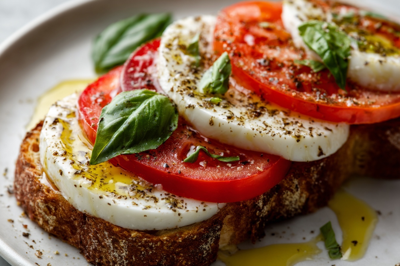 A large white rectangular serving platter displaying a complete arrangement of classic Caprese salad slices, featuring whole thick rounds of fresh mozzarella and ripe red tomatoes alternated perfectly, each slice topped generously with vibrant green basil leaves and seasoned with cracked black pepper and a drizzle of golden extra virgin olive oil. The full dish is laid out crisply on a pristine white marble kitchen countertop, illuminated by soft natural daylight from nearby windows, styled with meticulous attention to detail to highlight the fresh ingredients and vibrant colors like a high-end food magazine hero shot. REALISTIC STYLE IMAGE| TAGS: High-end food photography, clean composition, dramatic lighting, luxurious, elegant, mouth-watering, indulgent, gourmet | CAMERA: Nikon Z7 | FOCAL LENGTH: 50mm | SHOT TYPE: Close-up | COMPOSITION: 3/4 angle | LIGHTING: Soft directional light | PRODUCTION: Food Stylist | TIME: Daytime I LOCATION TYPE: Kitchen near windows --stylize 150 --ar 3:2