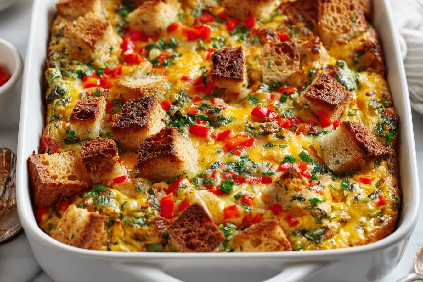 A full rectangular white ceramic baking dish filled with a golden-baked breakfast strata, showcasing a rich mixture of fluffy eggs, melted cheddar cheese, diced red and green bell peppers, chopped herbs, and generous cubes of toasted bread throughout, perfectly cooked to a light golden brown on top, photographed from a 3/4 angle on a white marble kitchen countertop bathed in soft natural daylight, styled to emphasize its warm and hearty texture, showcasing a complete and wholesome dish ready to serve.  REALISTIC STYLE IMAGE| TAGS: High-end food photography, clean composition, dramatic lighting, luxurious, elegant, mouth-watering, indulgent, gourmet | CAMERA: Nikon Z7 | FOCAL LENGTH: 50mm | SHOT TYPE: Close-up | COMPOSITION: 3/4 angle | LIGHTING: Soft directional light | PRODUCTION: Food Stylist | TIME: Daytime I LOCATION TYPE: Kitchen near windows --stylize 150 --ar 3:2