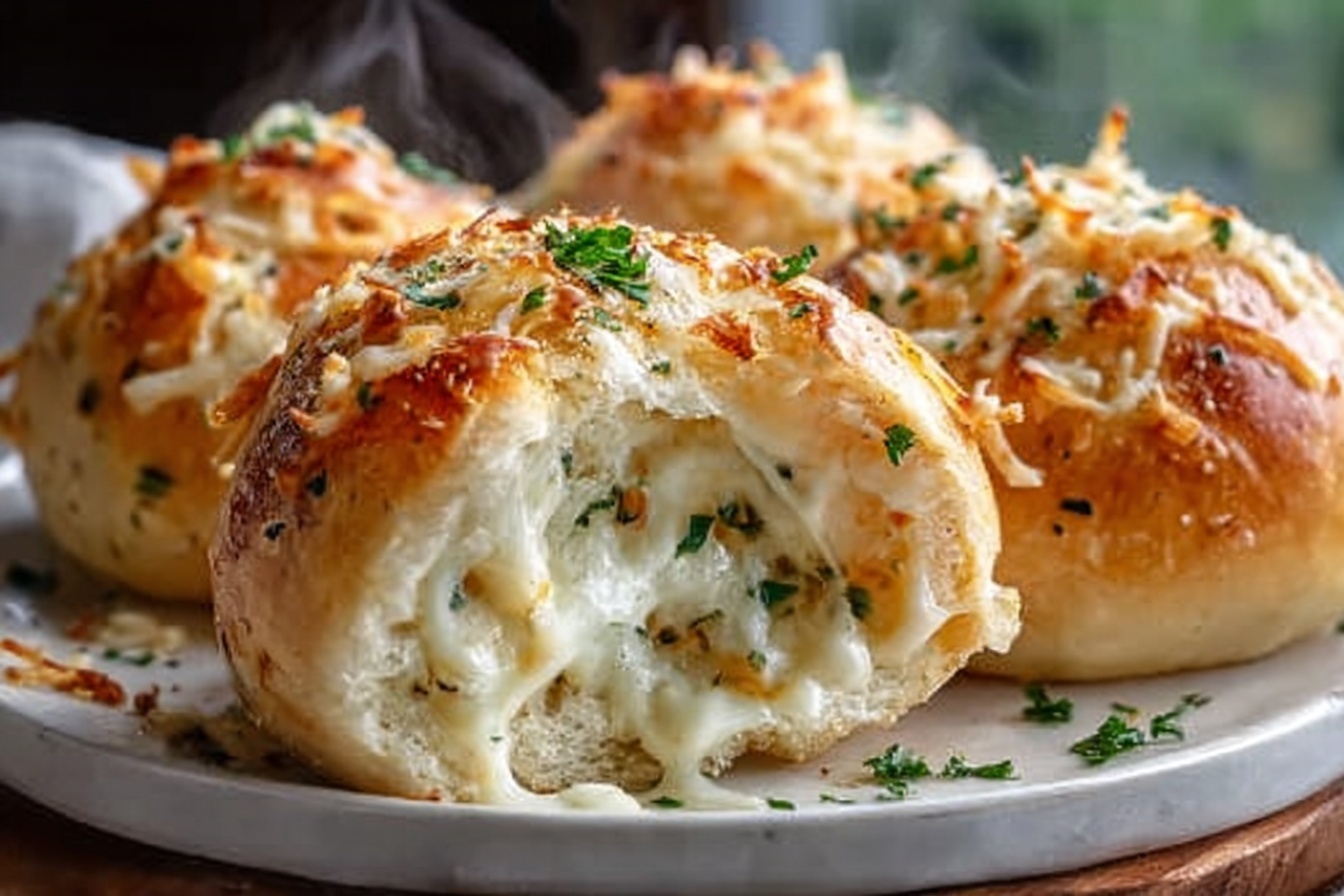 A large white rectangular baking dish filled with a dozen golden-brown, fluffy cheese-stuffed dinner rolls topped with melted mozzarella and sprinkled generously with fresh chopped parsley, showcasing the complete batch beautifully risen and perfectly baked, arranged closely to highlight the cheesy texture and soft interior, captured from a 3/4 angle on a pristine white marble kitchen countertop with natural soft directional daylight enhancing the warm, inviting tones of the bread, styled to evoke a luxurious and indulgent gourmet presentation. REALISTIC STYLE IMAGE| TAGS: High-end food photography, clean composition, dramatic lighting, luxurious, elegant, mouth-watering, indulgent, gourmet | CAMERA: Nikon Z7 | FOCAL LENGTH: 50mm | SHOT TYPE: Close-up | COMPOSITION: 3/4 angle | LIGHTING: Soft directional light | PRODUCTION: Food Stylist | TIME: Daytime I LOCATION TYPE: Kitchen near windows --stylize 150 --ar 3:2