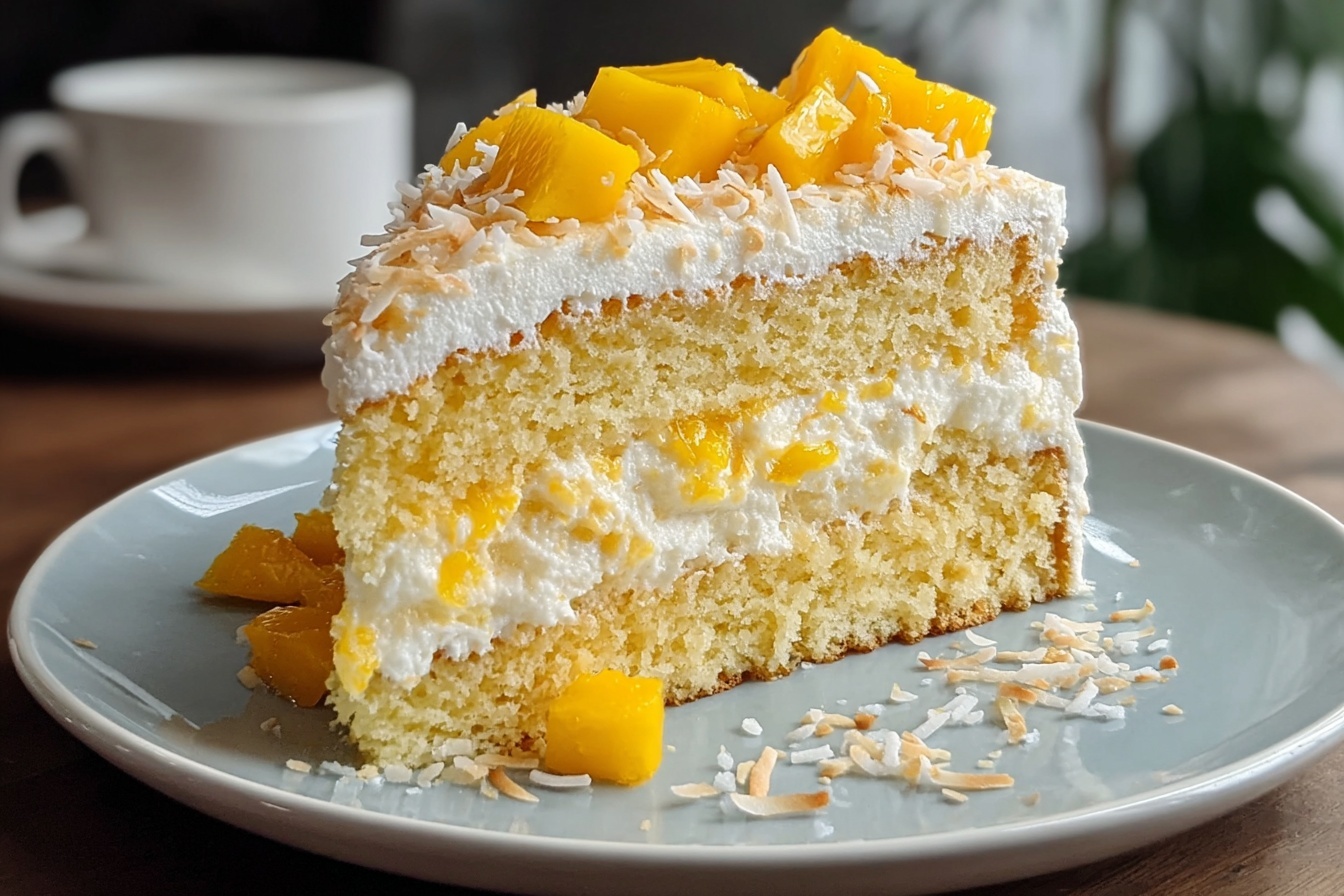A whole, uncut three-layer round cake displayed on a large white ceramic plate, beautifully frosted with smooth white whipped cream covering the entire surface. The top is lavishly decorated with fresh shiny mango cubes arranged neatly in the center, surrounded by a generous sprinkle of toasted shredded coconut adding texture and a golden contrast. The cake layers showcase a moist golden sponge with creamy white frosting and mango filling visible in the middle layers. The setting is a luxurious kitchen with a white marble countertop and soft natural lighting illuminating the cake, captured in a close-up 3/4 angle shot that emphasizes the fullness and indulgence of the whole dessert. REALISTIC STYLE IMAGE| TAGS: High-end food photography, clean composition, dramatic lighting, luxurious, elegant, mouth-watering, indulgent, gourmet | CAMERA: Nikon Z7 | FOCAL LENGTH: 50mm | SHOT TYPE: Close-up | COMPOSITION: 3/4 angle | LIGHTING: Soft directional light | PRODUCTION: Food Stylist | TIME: Daytime I LOCATION TYPE: Kitchen near windows --stylize 150 --ar 3:2