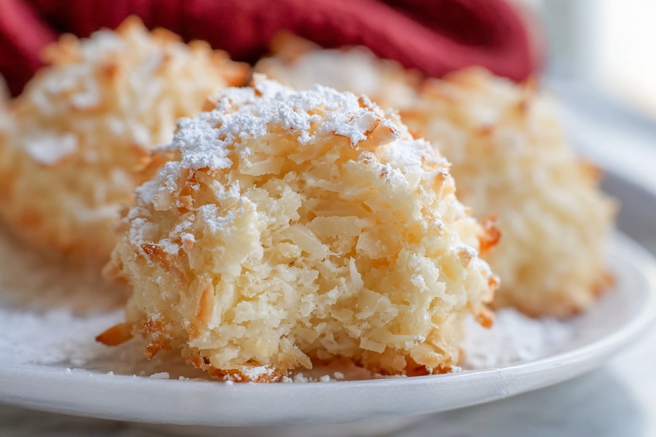 Large white oval ceramic serving tray filled with a generous pile of golden coconut macaroons, each cookie lightly crisped on the outside with shredded coconut visible, dusted evenly with powdered sugar, showcasing a rustic yet elegant texture. The cookies are arranged to emphasize abundance and inviting warmth, presented on a white marble countertop with natural soft directional daylight enhancing the delicate details and light golden hues. This shot is captured at a 3/4 angle, highlighting the entire uncut batch as a mouth-watering, indulgent gourmet treat. REALISTIC STYLE IMAGE| TAGS: High-end food photography, clean composition, dramatic lighting, luxurious, elegant, mouth-watering, indulgent, gourmet | CAMERA: Nikon Z7 | FOCAL LENGTH: 50mm | SHOT TYPE: Close-up | COMPOSITION: 3/4 angle | LIGHTING: Soft directional light | PRODUCTION: Food Stylist | TIME: Daytime I LOCATION TYPE: Kitchen near windows --stylize 150 --ar 3:2