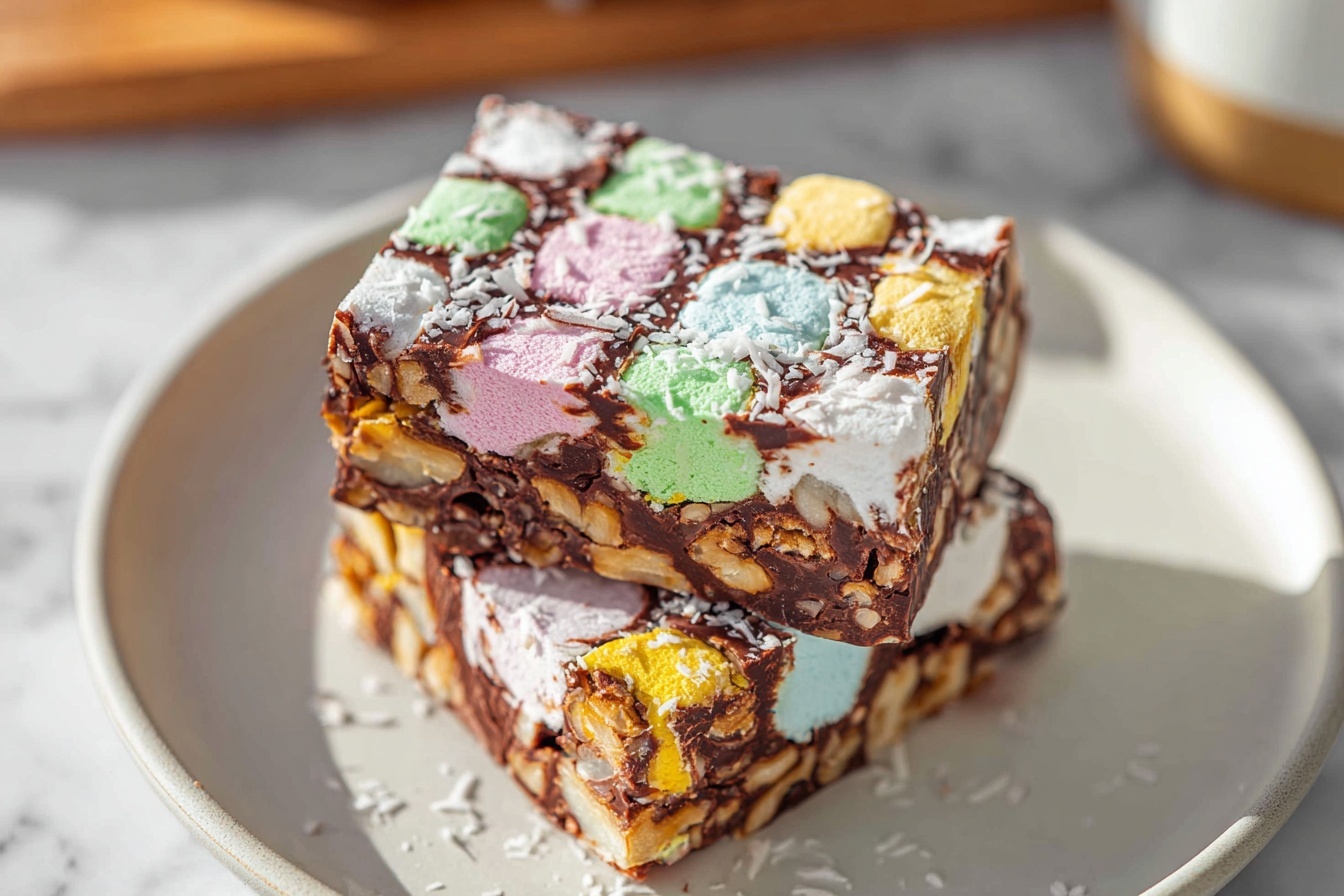 Large white oval ceramic serving tray filled with a full batch of colorful rocky road squares tightly packed together, featuring vibrant pastel pink, green, yellow, and orange marshmallows embedded in rich, glossy dark chocolate, sprinkled with chopped walnuts and shredded coconut around the edges, shot from a 3/4 angle on a white marble countertop with natural daylight streaming softly, styled elegantly to showcase the indulgent texture and vibrant colors, whole dish fully presented without any slices removed, like a high-end food magazine hero image. REALISTIC STYLE IMAGE| TAGS: High-end food photography, clean composition, dramatic lighting, luxurious, elegant, mouth-watering, indulgent, gourmet | CAMERA: Nikon Z7 | FOCAL LENGTH: 50mm | SHOT TYPE: Close-up | COMPOSITION: 3/4 angle | LIGHTING: Soft directional light | PRODUCTION: Food Stylist | TIME: Daytime I LOCATION TYPE: Kitchen near windows --stylize 150 --ar 3:2