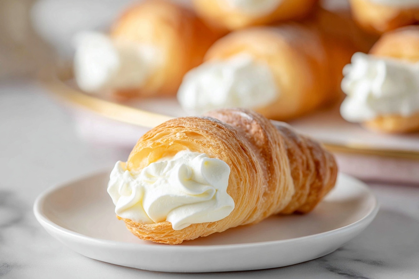 Large white oval ceramic serving tray filled with a neatly arranged bunch of golden-brown cream-filled pastry horns, each generously piped with smooth, fluffy white cream, showcasing their spiral textured, flaky crusts, presented on a pristine white marble countertop with natural daylight streaming through nearby kitchen windows, capturing a professional food stylist's hero shot in a clean, elegant composition. REALISTIC STYLE IMAGE| TAGS: High-end food photography, clean composition, dramatic lighting, luxurious, elegant, mouth-watering, indulgent, gourmet | CAMERA: Nikon Z7 | FOCAL LENGTH: 50mm | SHOT TYPE: Close-up | COMPOSITION: 3/4 angle | LIGHTING: Soft directional light | PRODUCTION: Food Stylist | TIME: Daytime I LOCATION TYPE: Kitchen near windows --stylize 150 --ar 3:2