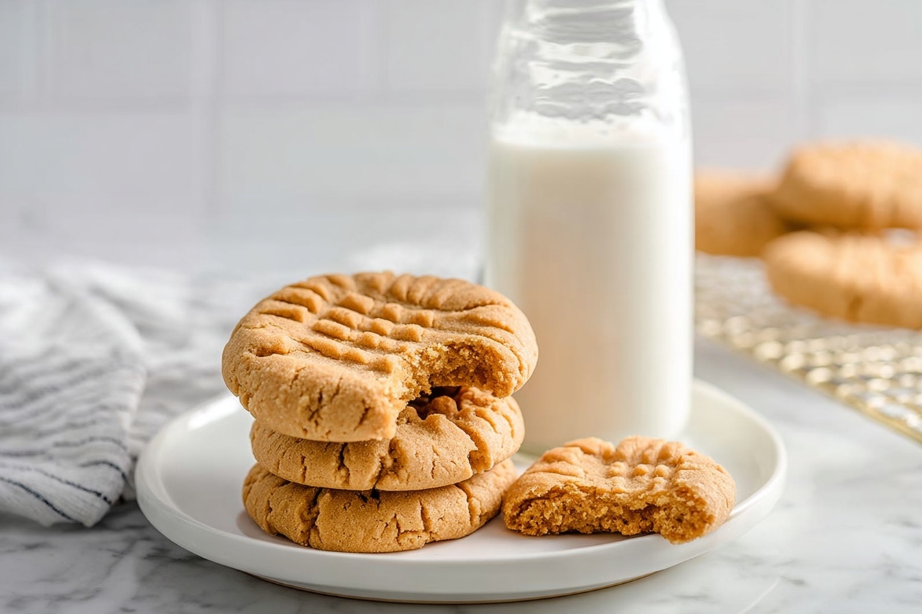 A large white oval ceramic serving tray filled with a generous batch of freshly baked peanut butter cookies, each golden brown with characteristic crisscross fork marks on top, arranged neatly in rows to showcase their uniform texture and rustic charm. The entirety of the cookies is visible, highlighting their soft edges and slightly cracked surfaces under natural daylight, all set atop a pristine white marble kitchen countertop. The scene is styled to evoke the comforting warmth of homemade baking, capturing the irresistible appeal of these classic cookies in a high-end food photography setup. REALISTIC STYLE IMAGE| TAGS: High-end food photography, clean composition, dramatic lighting, luxurious, elegant, mouth-watering, indulgent, gourmet | CAMERA: Nikon Z7 | FOCAL LENGTH: 50mm | SHOT TYPE: Close-up | COMPOSITION: 3/4 angle | LIGHTING: Soft directional light | PRODUCTION: Food Stylist | TIME: Daytime I LOCATION TYPE: Kitchen near windows --stylize 150 --ar 3:2