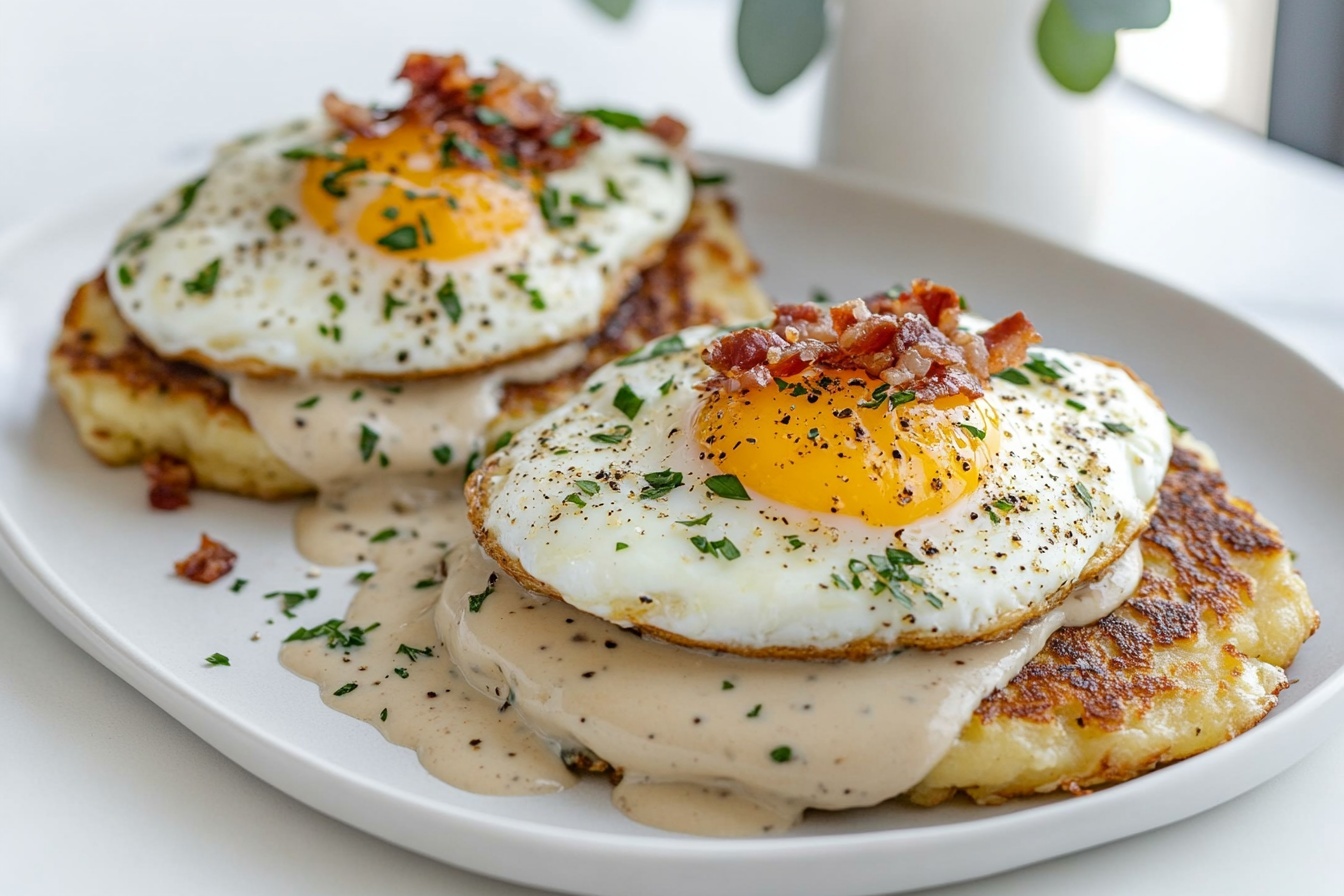 Egg Topped Hash Browns With Bacon Gravy Recipe