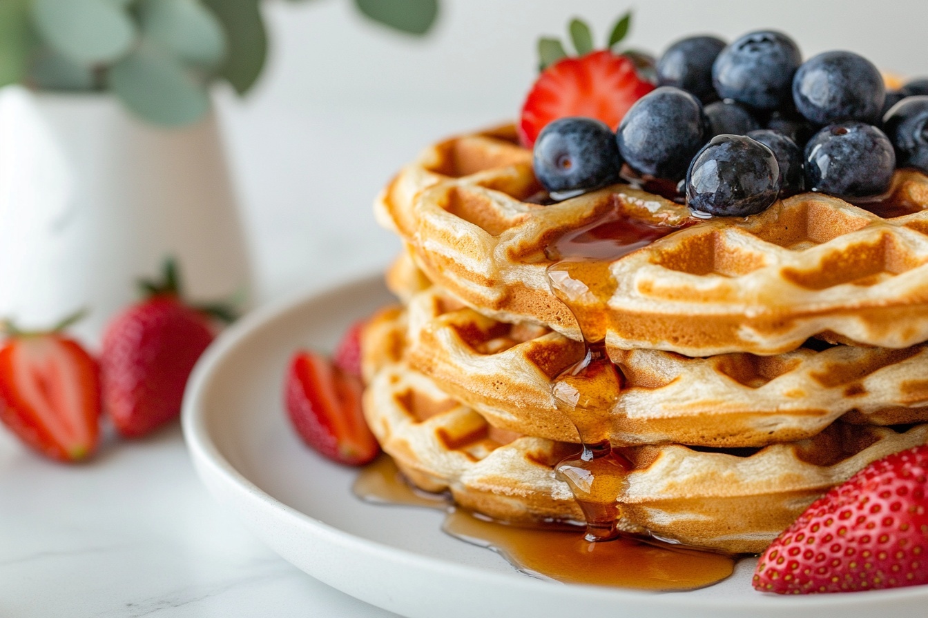 Stack of several whole golden Brussels waffles arranged neatly on a large white plate, topped with fresh plump blueberries and drizzled with amber maple syrup cascading down the sides, accompanied by sliced ripe strawberries on the side, the entire presentation framed in a professional 3/4 angle shot with natural lighting on a white marble background, styled like a high-end food magazine hero photograph, photo taken with an iphone --ar 4:5 --v 7