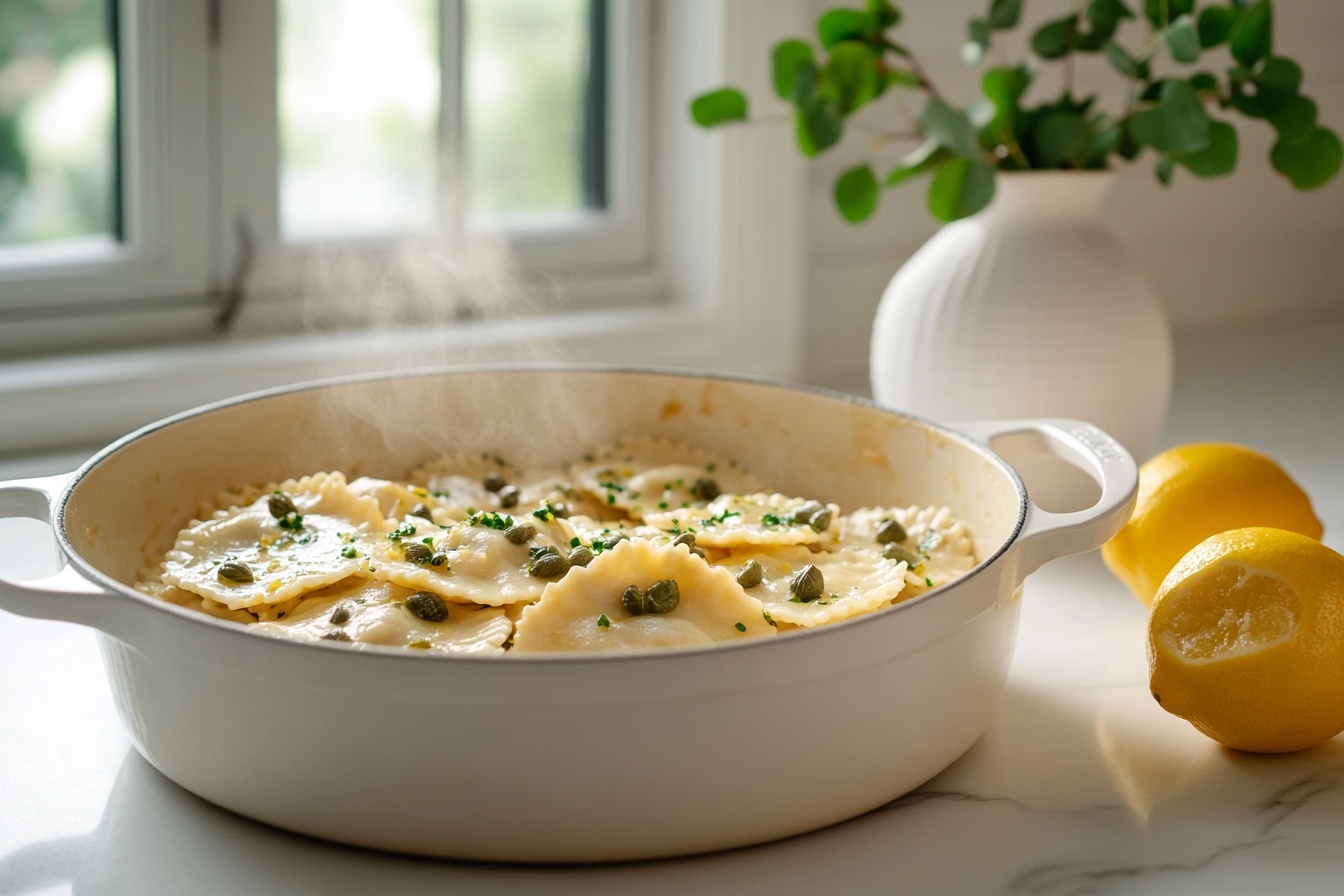 Large white ceramic pot filled with fresh ravioli pasta generously studded with capers, immersed in a light lemon butter sauce, steam gently rising from the whole dish, positioned on a white marble countertop with two whole lemons nearby for a fresh accent, professional 3/4 angle gourmet food photograph, natural lighting, photo taken with an iphone --ar 4:5 --v 7