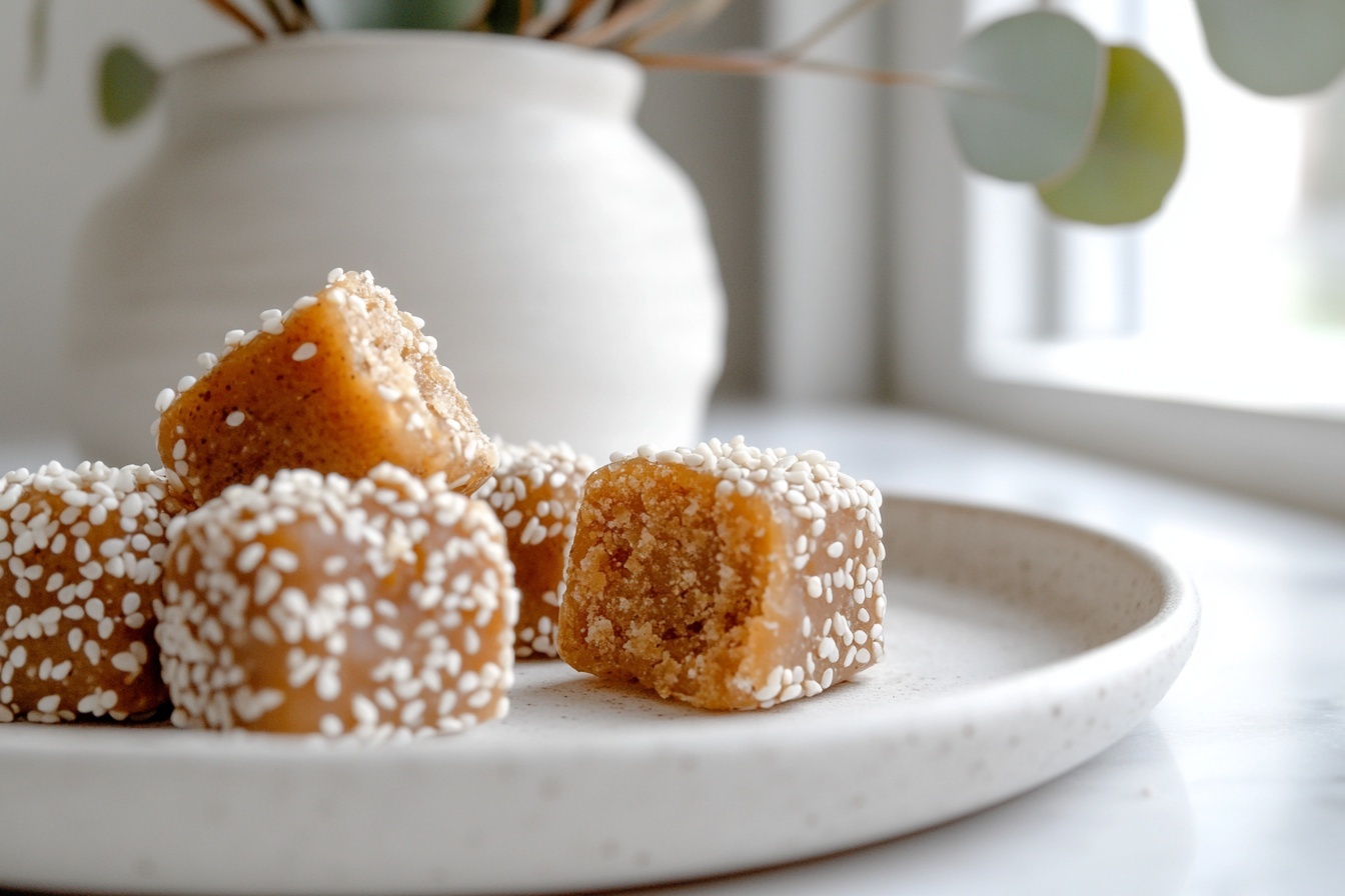 2-Ingredient Greek Sesame Honey Candy Recipe 6 Large white serving plate arranged with multiple yellow-orange rectangular Turkish delight pieces coated entirely in fine white sugar pearls, showing the full, uncut batch stacked neatly, photographed from a close 3/4 angle on a white marble countertop with natural lighting, styled as a hero shot from a food magazine, photo taken with an iphone --ar 4:5 --v 7