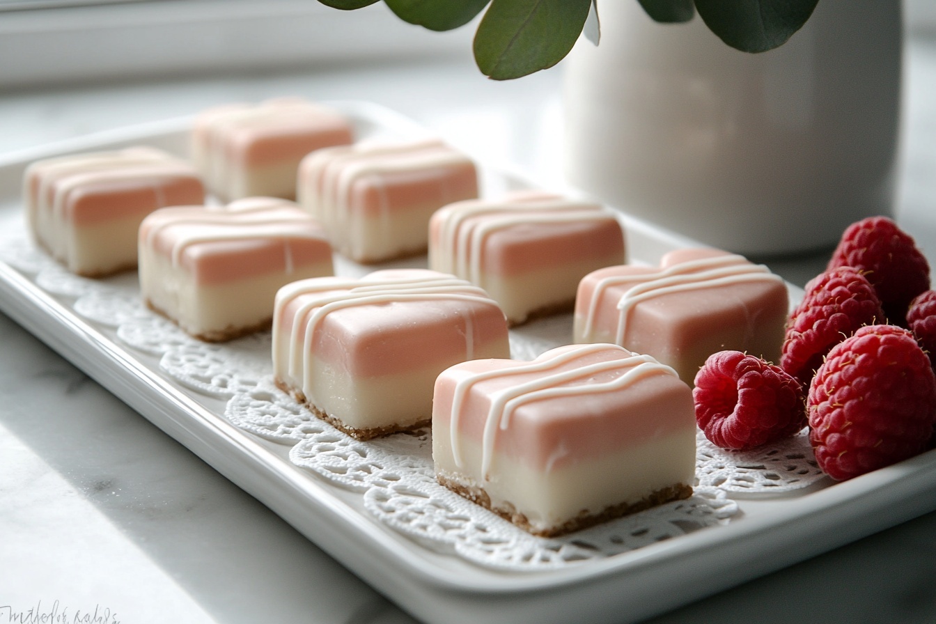 A pristine white rectangular platter showcasing multiple heart-shaped petit fours, each beautifully coated in smooth pale pink icing with delicate white drizzle decoration, arranged artfully among fresh vibrant raspberries on a white lace doily, the scene set against a white marble background with natural lighting to highlight the glossy texture and soft pastel tones, professional food styling shot taken with an iphone --ar 4:5 --v 7