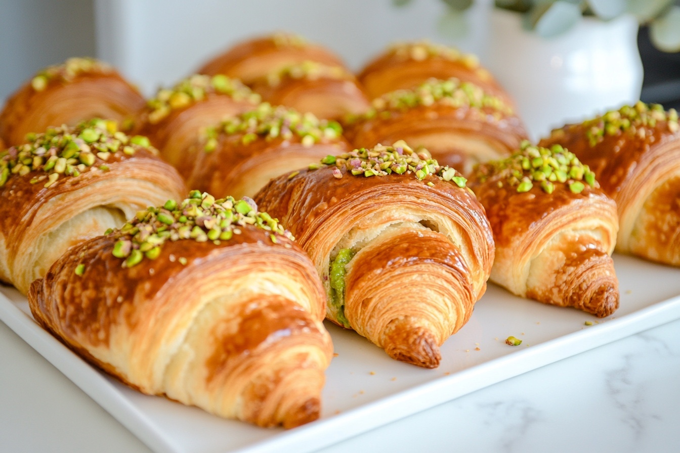 Large white serving platter presenting a full batch of golden, flaky croissants topped generously with crushed pistachios, each croissant perfectly puffed, glistening with a shiny glaze and filled with vibrant green pistachio cream peeking through, arranged impressively on a white marble countertop under natural lighting, capturing the textural layers and nutty richness, professional food styling photo taken with an iphone --ar 4:5 --v 7